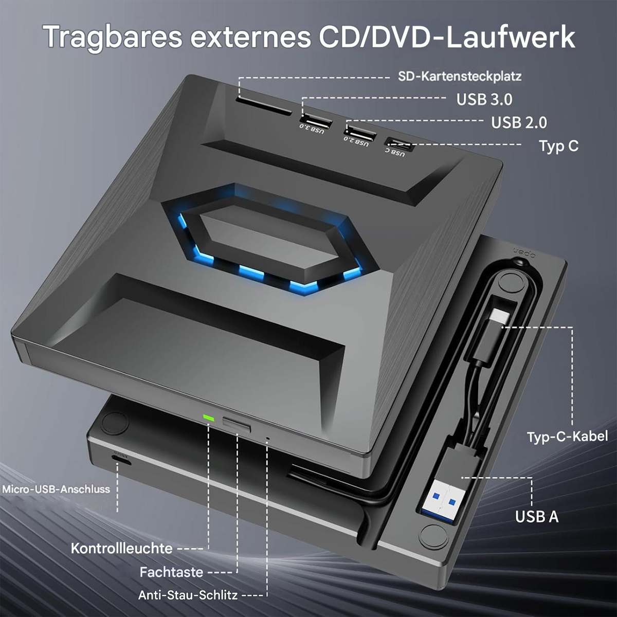 Un'unità CD/DVD esterna con porte etichettate SD, USB e Tipo C. Sono visibili anche un cavo e le porte.