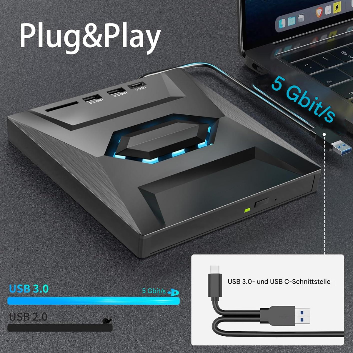 Un'unità CD/DVD collegata a un laptop. Mostra le connessioni e le porte USB 3.0 e USB 2.0. È presente anche un laptop.
