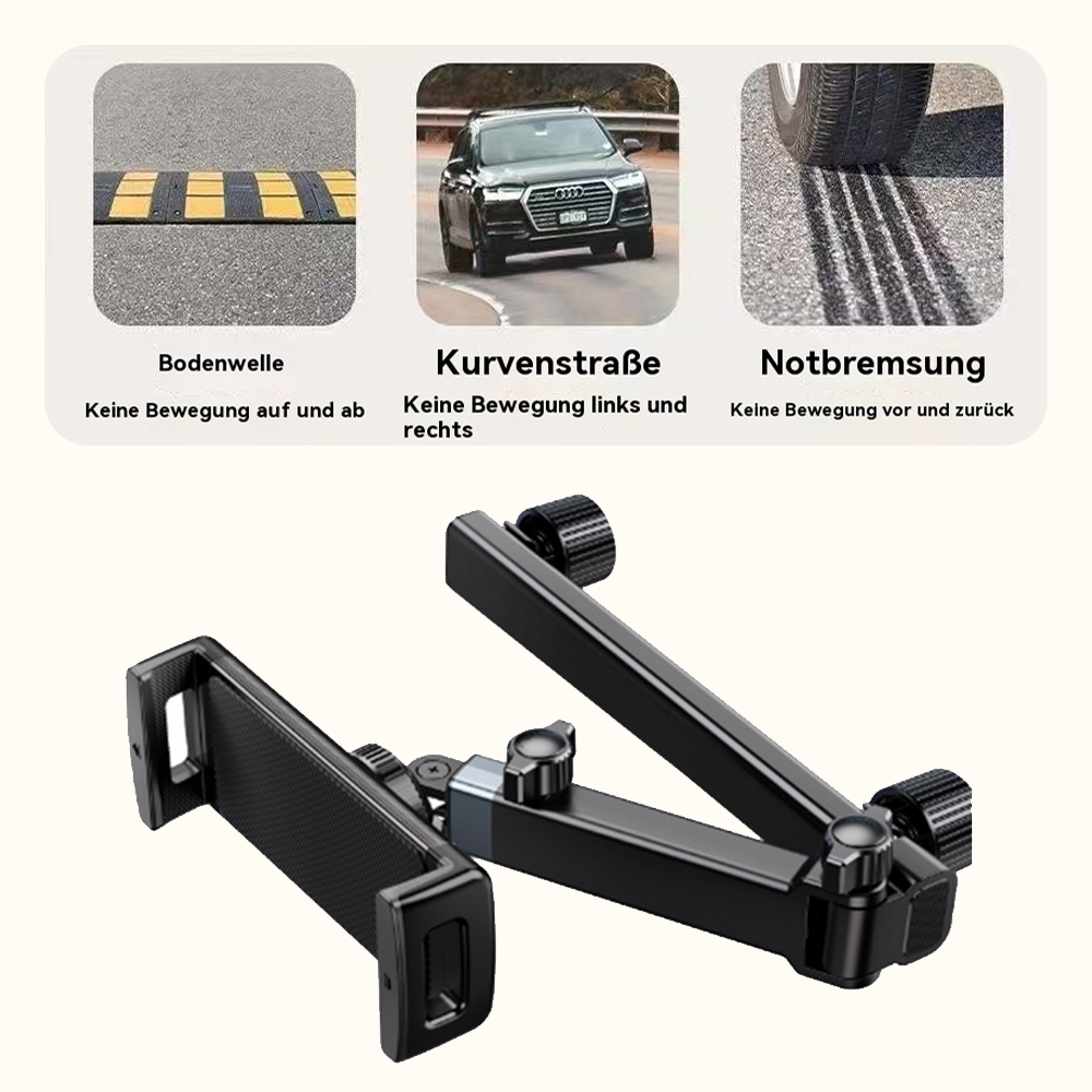 Eine Tablet-Halterung für die Kopfstütze im Auto mit Bildern von Bodenschwellen, einem Auto auf einer kurvenreichen Straße und Notbremsszenarien.