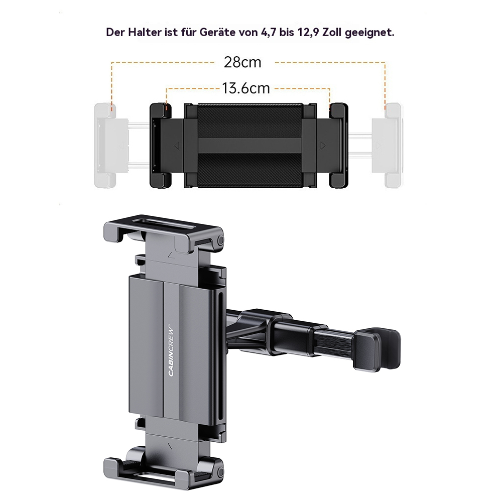 Eine Tablet-Halterung für die Kopfstütze im Auto. Die Draufsicht zeigt die Abmessungen (28 cm breit). Die Unteransicht zeigt Halterungsdetails und Einstellungen.