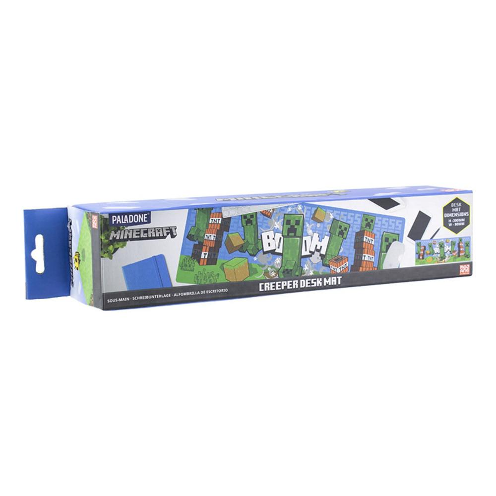Minecraft Creeper Schreibtischunterlage in einer Box. Mit Creeper, TNT und Minecraft Logos. Blau und grün.