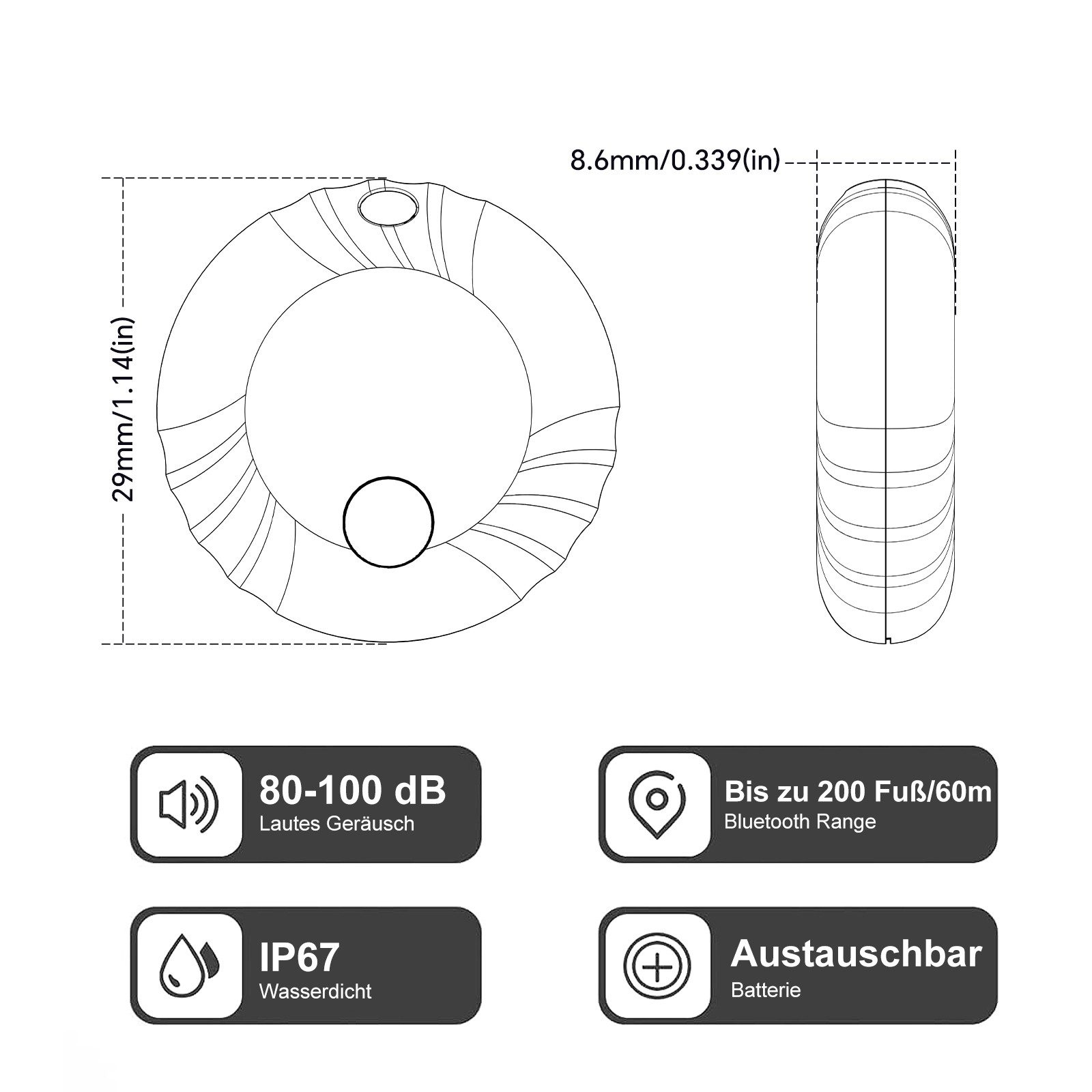 Diagramm, das einen runden Tracker mit Abmessungen und Funktionen zeigt: 80-100 dB Ton, 200 Fuß Reichweite, IP67 und Batterie.