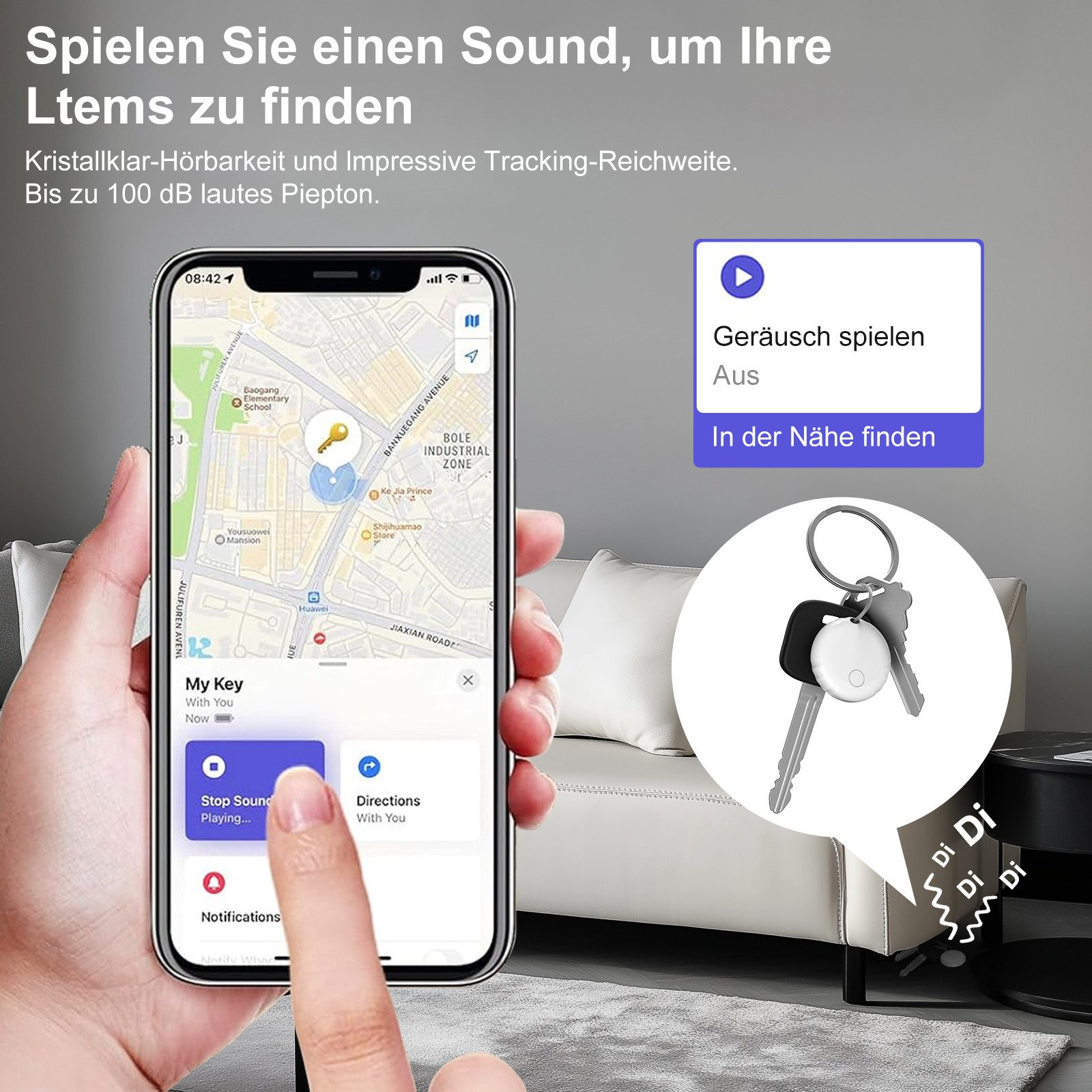 Eine Person benutzt ein Telefon, um Schlüssel zu finden. Eine Karte zeigt den Standort. Schlüssel und Tracker liegen auf einem Tisch.