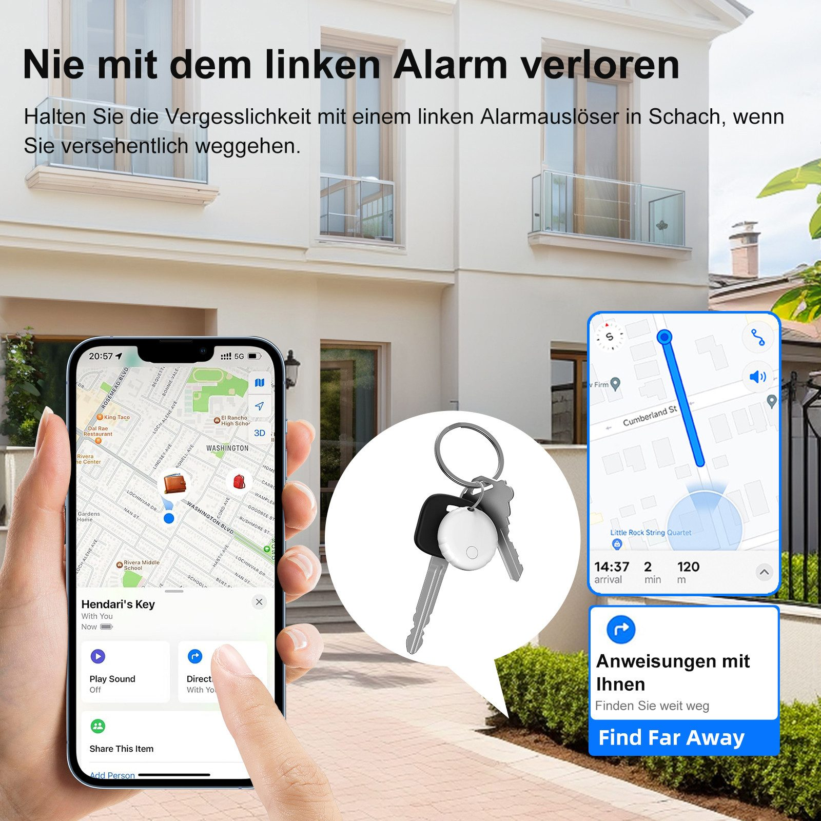 Eine Person benutzt ein Telefon, um Schlüssel zu finden. Eine Karte zeigt den Standort. Schlüssel und Tracker liegen auf einem Tisch.