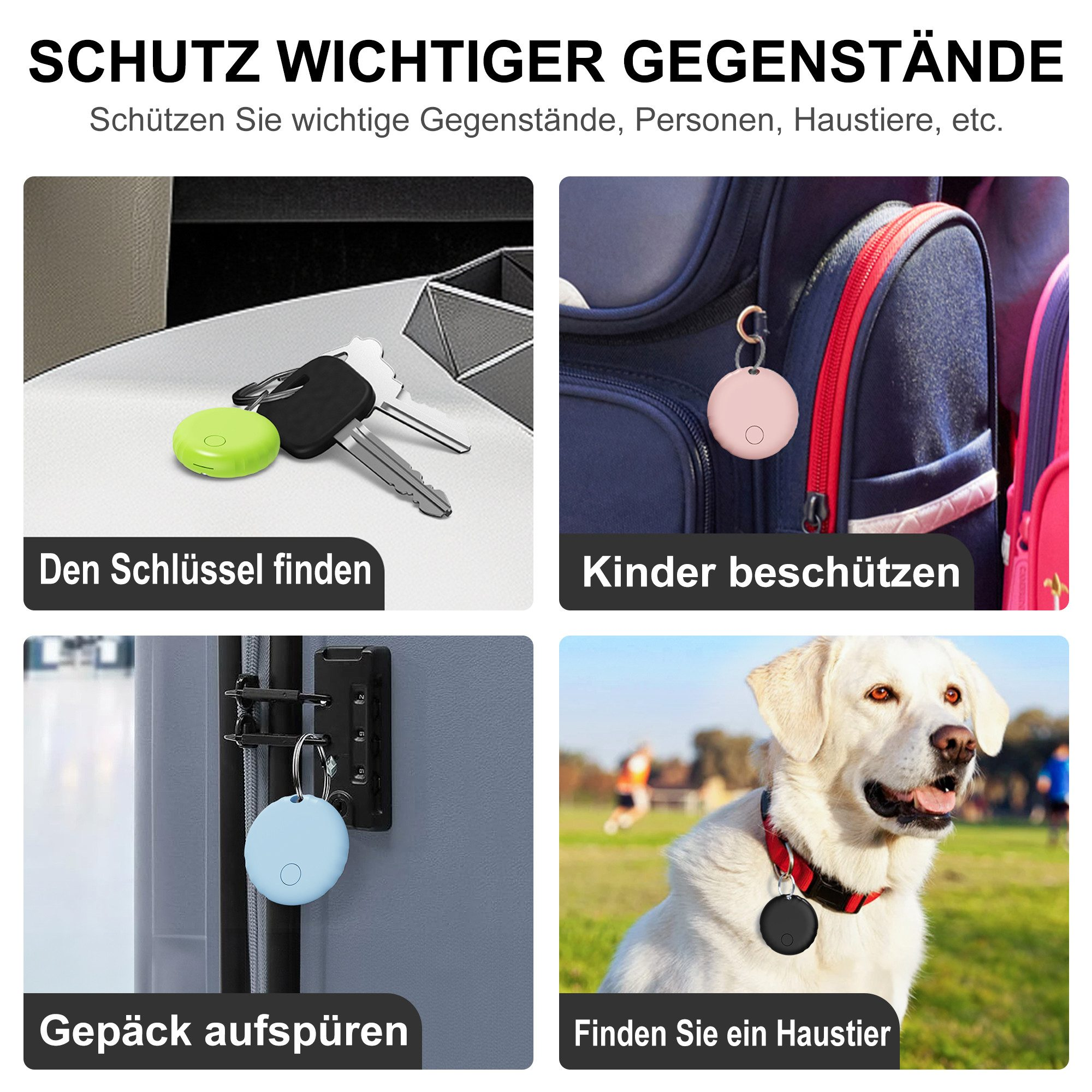 Das Bild zeigt vier Szenarien mit Ortungsgeräten: Schlüssel, Rucksack, Schloss und Hund. Geräte sind grün und blau.