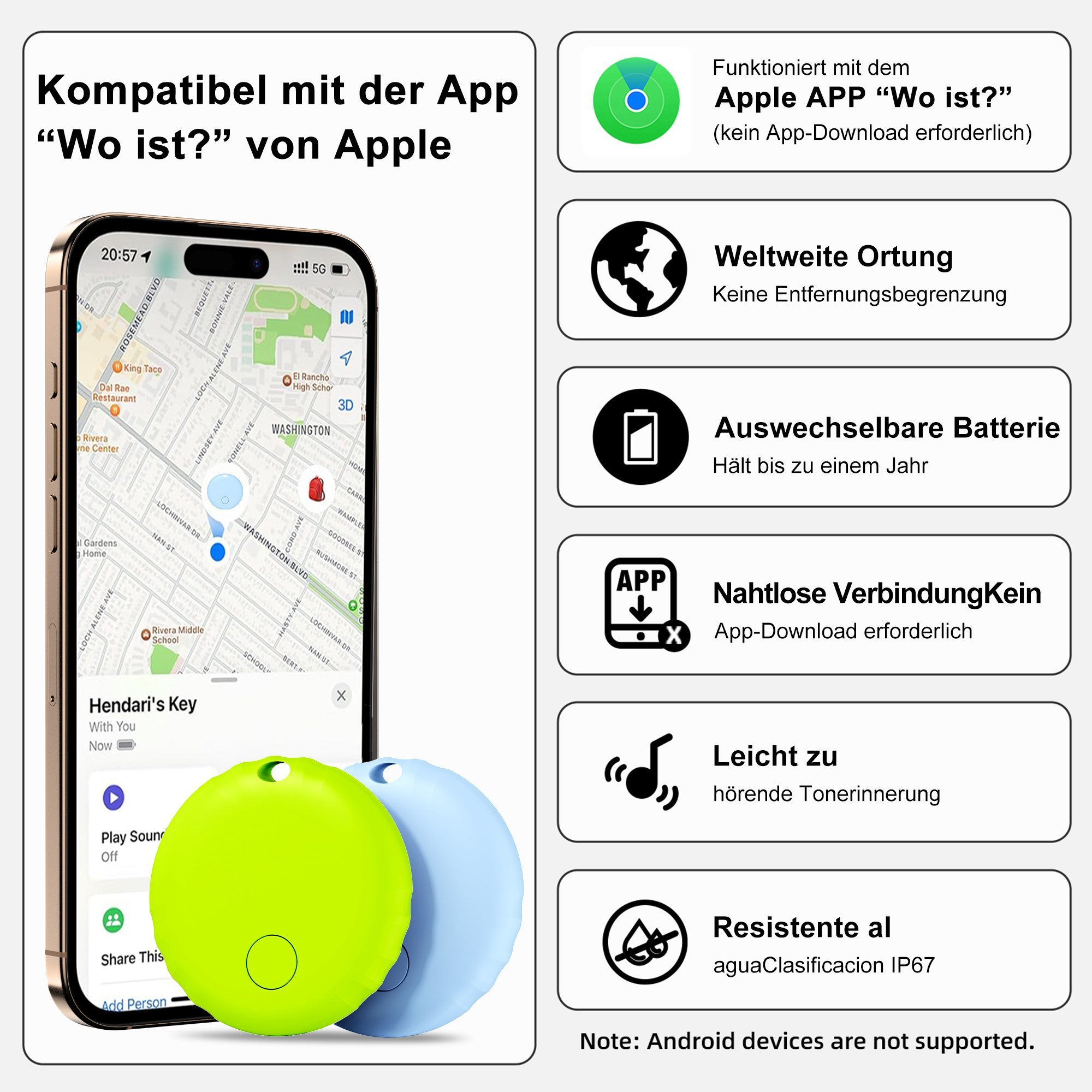 Smartphone, der eine Karte mit zwei Ortungsgeräten anzeigt: grün und blau. Texte auf dem Bildschirm und Logos herum.