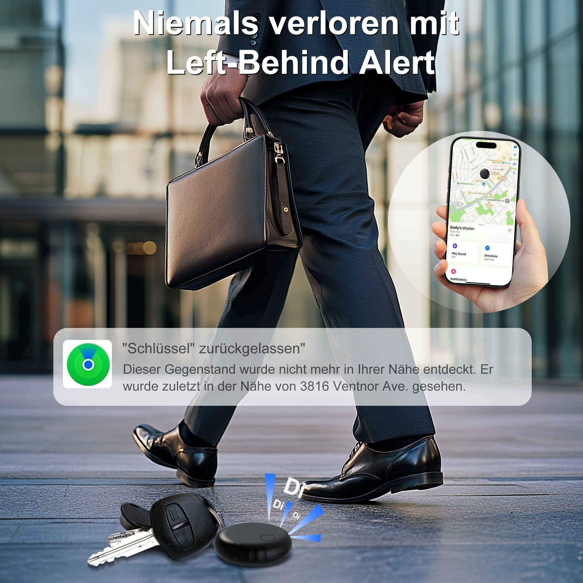 Mann im Anzug geht, Schlüssel und ein Ortungsgerät am Boden. Ein Telefon zeigt eine Karte mit einem Standort.