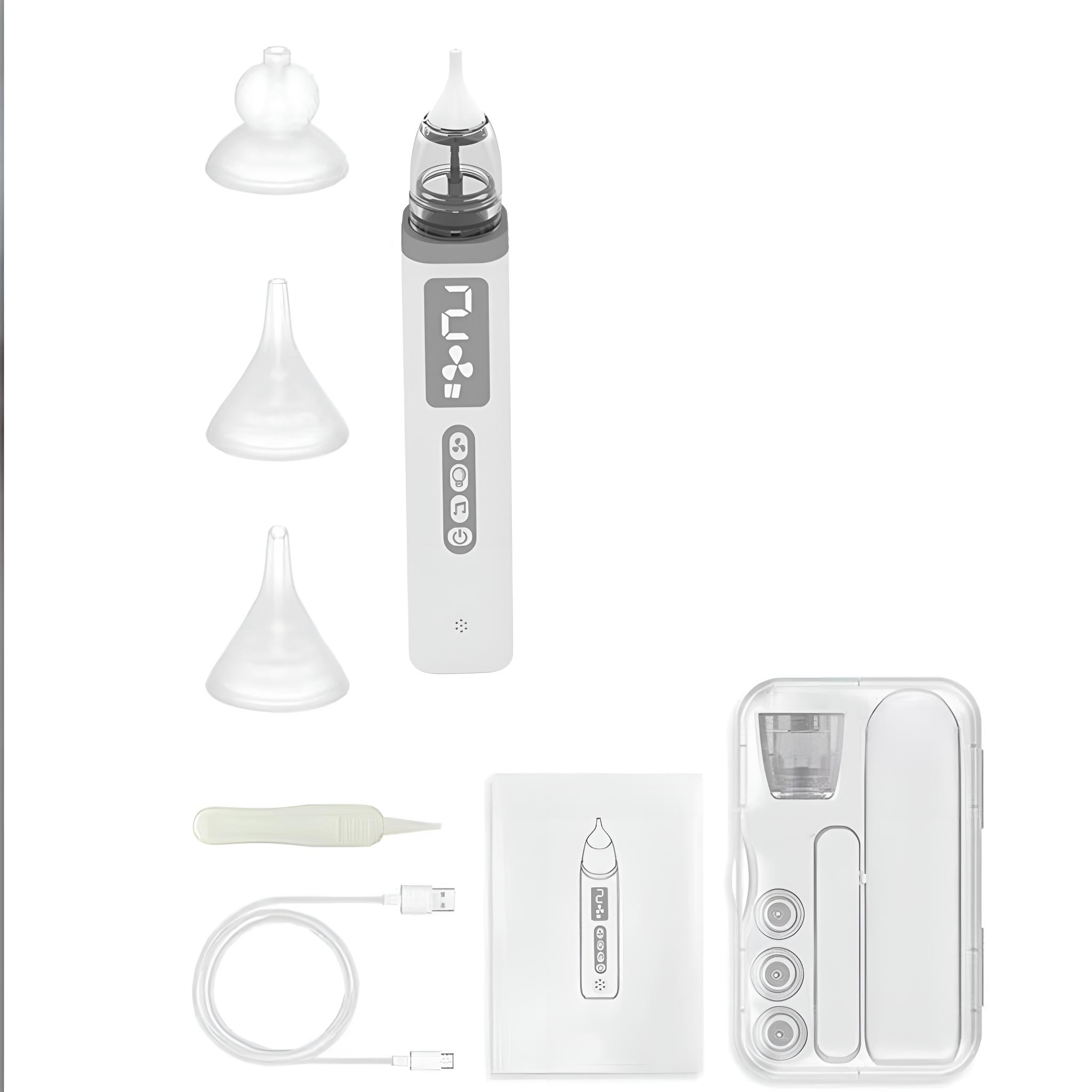 Weiß-grauer Nasensauger mit verschiedenen Aufsätzen, USB-Kabel und weißem Hintergrund.