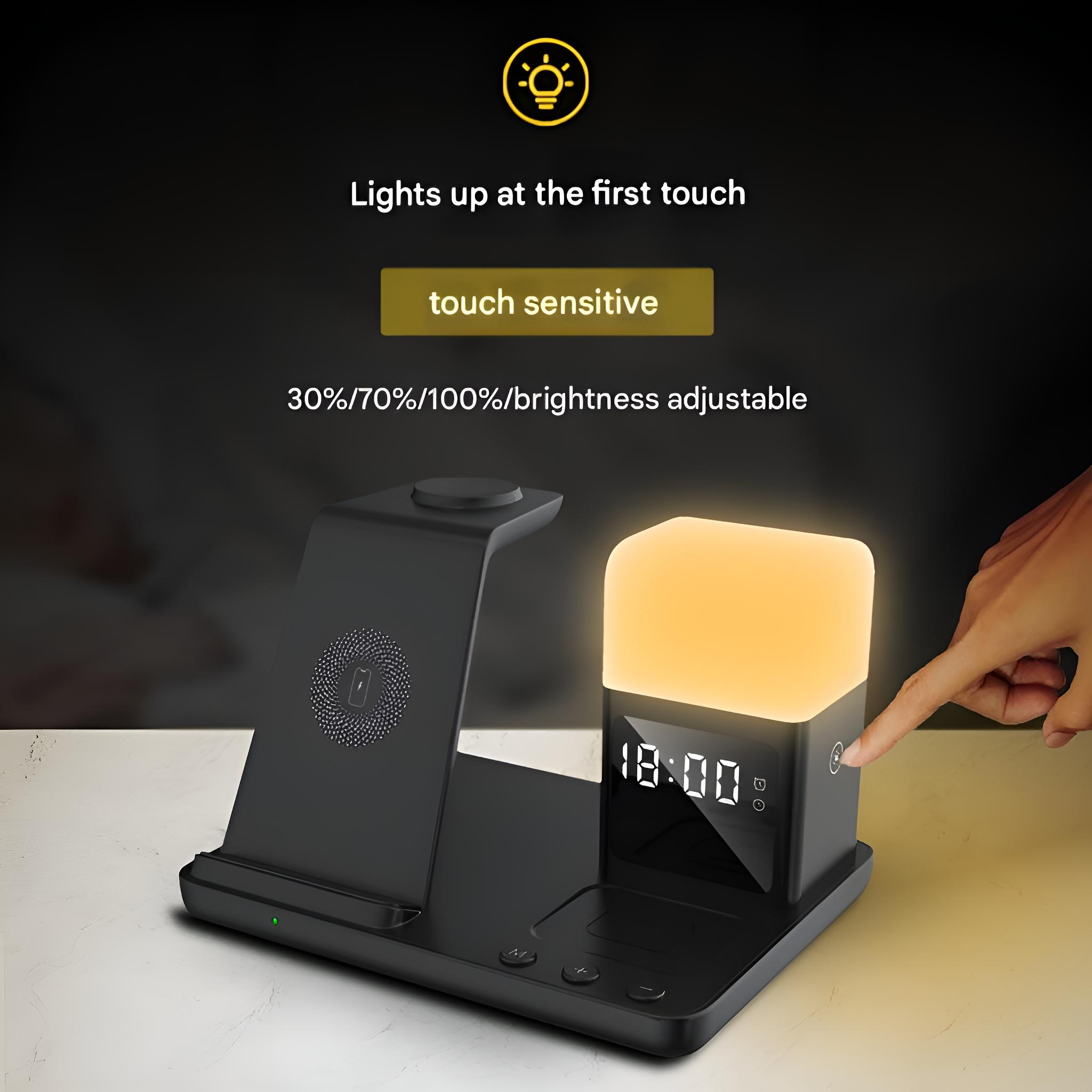 Schwarze Ladestation mit Lampe, berührungsempfindlich, zeigt die Uhrzeit. Gelbes Licht.