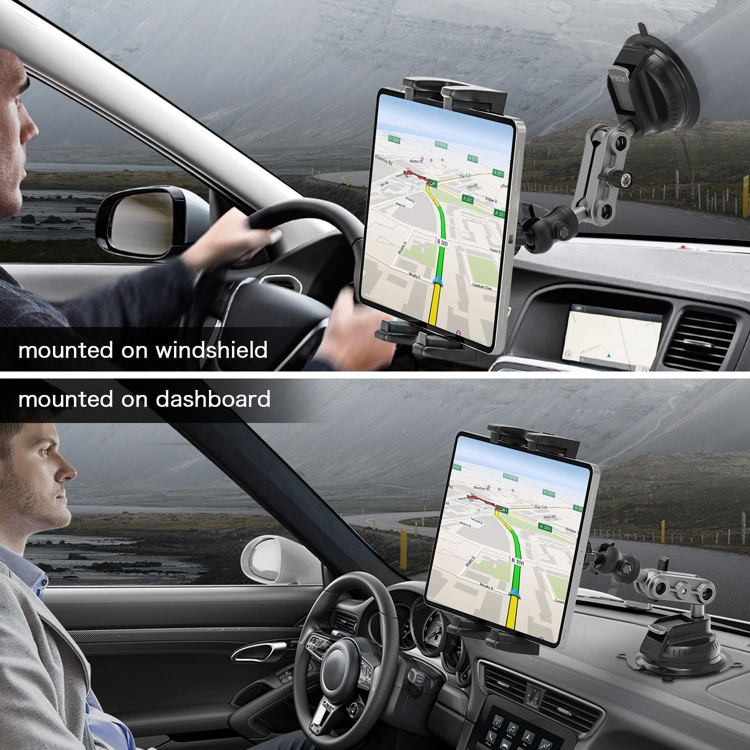 Ein Mann fährt Auto, mit einem Tablet an Windschutzscheibe und Armaturenbrett befestigt. Das Tablet zeigt eine Karte.