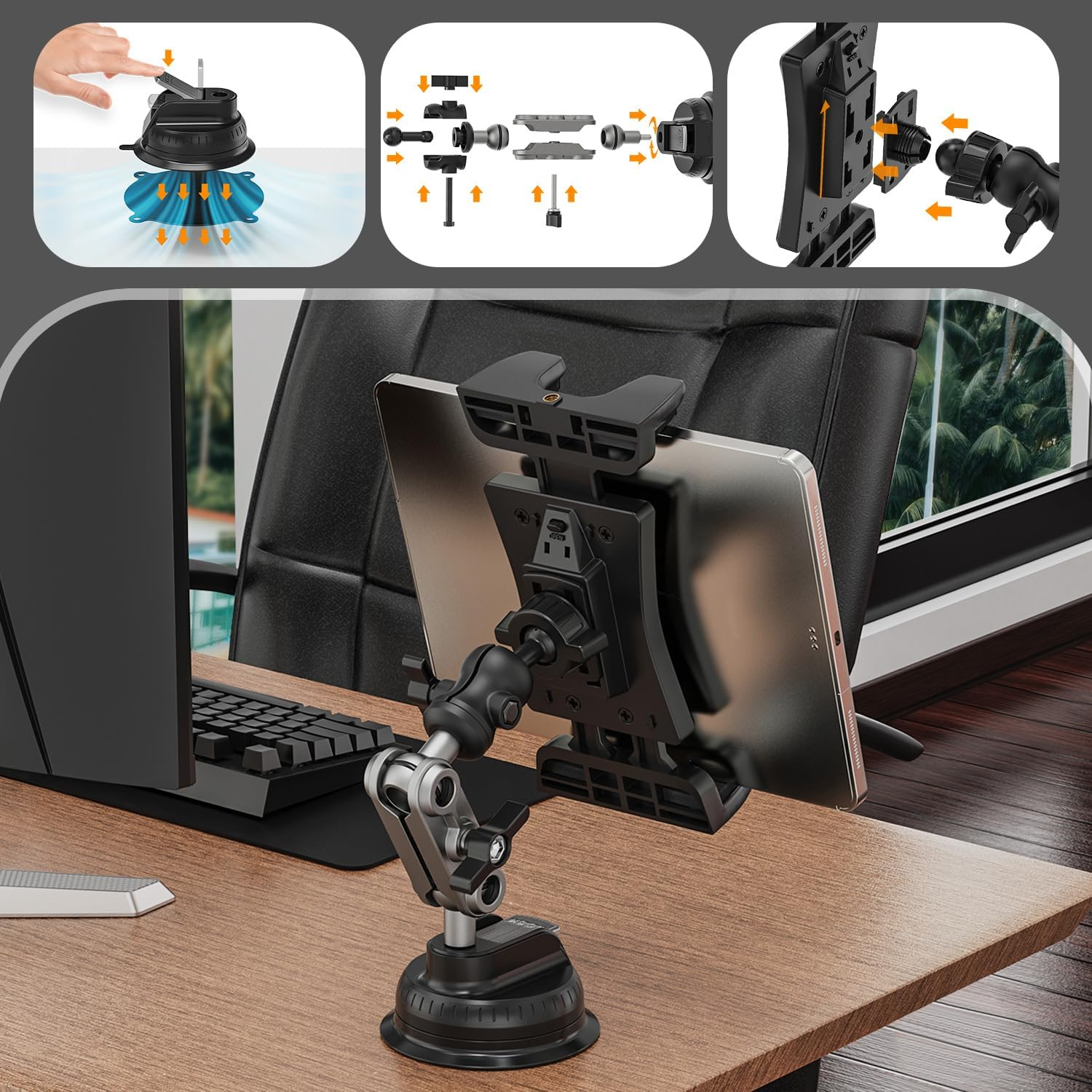 Bilder, die die Montage eines Tablethalters und das daran befestigte Tablet zeigen, montiert auf einem Schreibtisch.