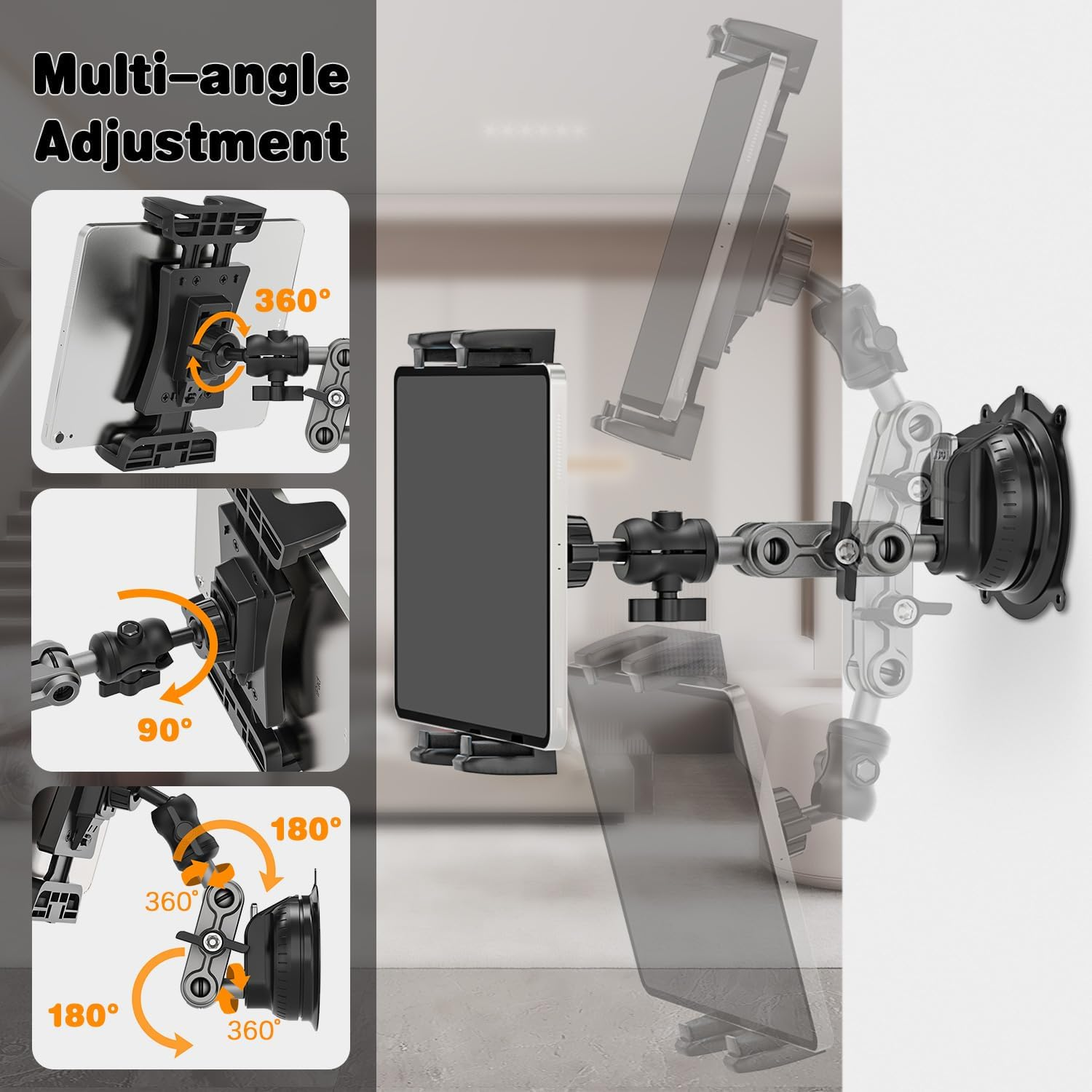 Bilder, die verschiedene Winkel eines Tablethalters zeigen und die Multi-Winkel-Einstellmöglichkeiten demonstrieren.