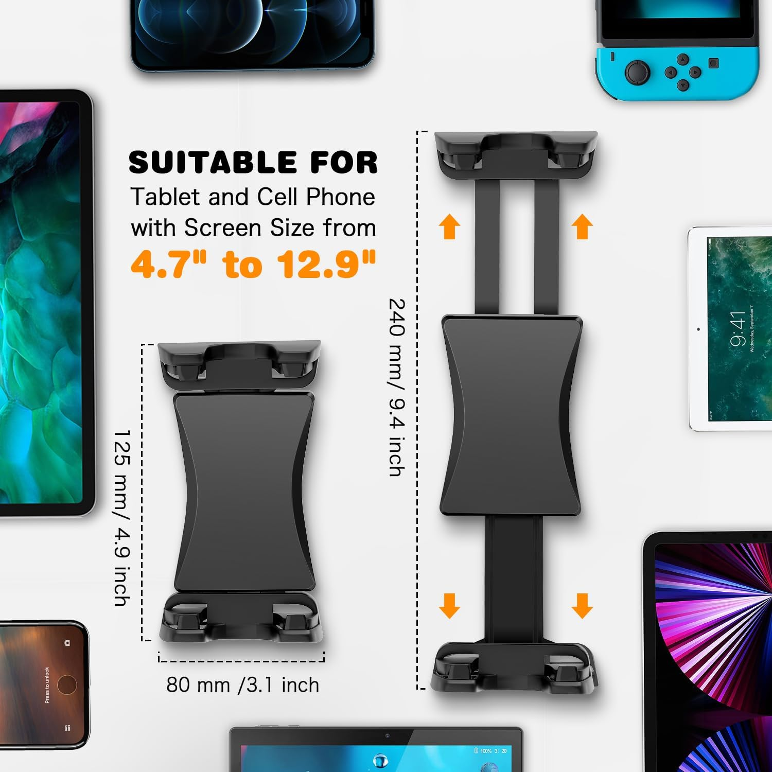 Bilder, die einen Tablethalter mit Abmessungen zeigen. Es hat einen schwarzen Rahmen, der das Tablet hält.