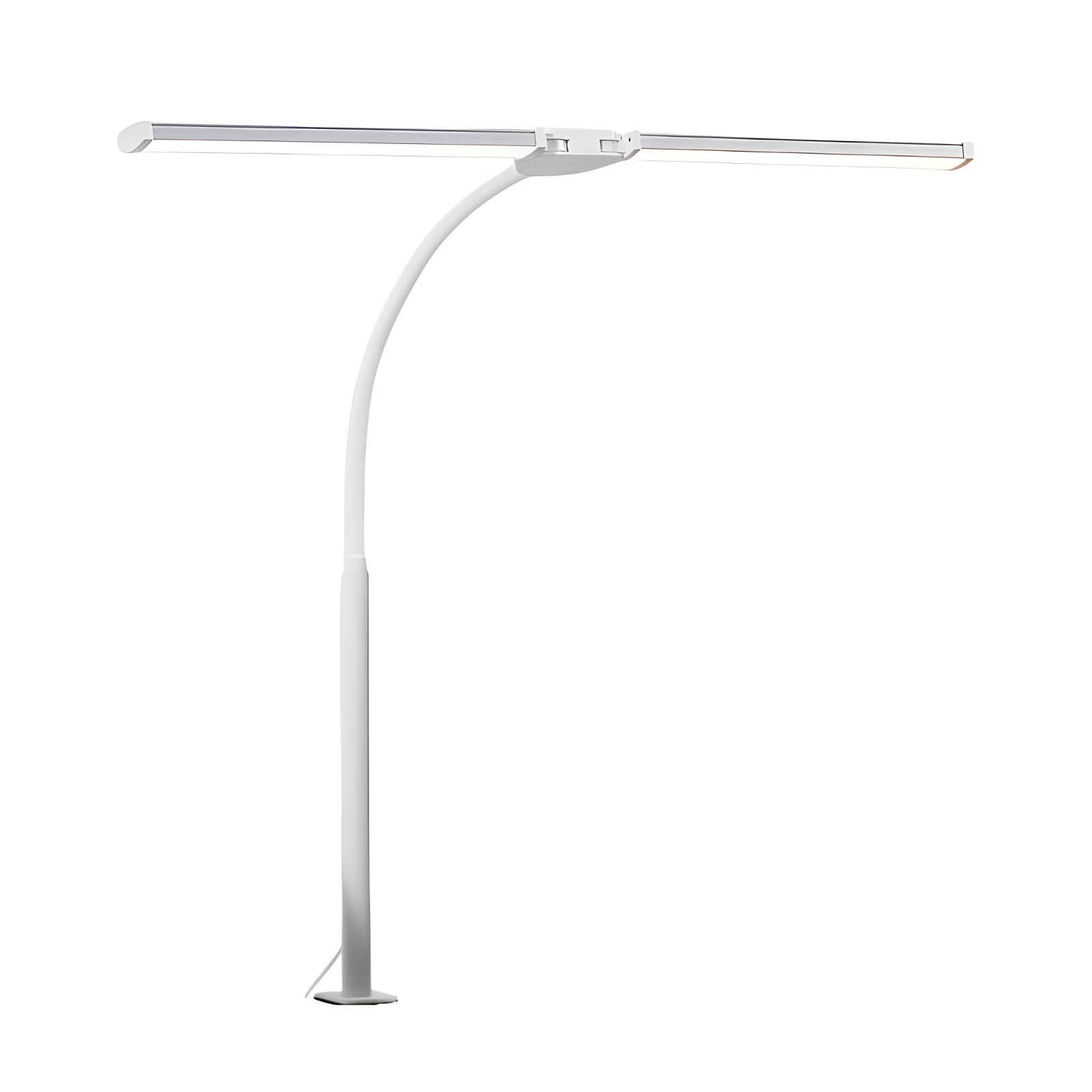 Eine weiße Schreibtischlampe mit gebogenem Hals und zwei horizontalen Lichtleisten oben. Der Hintergrund ist weiß.