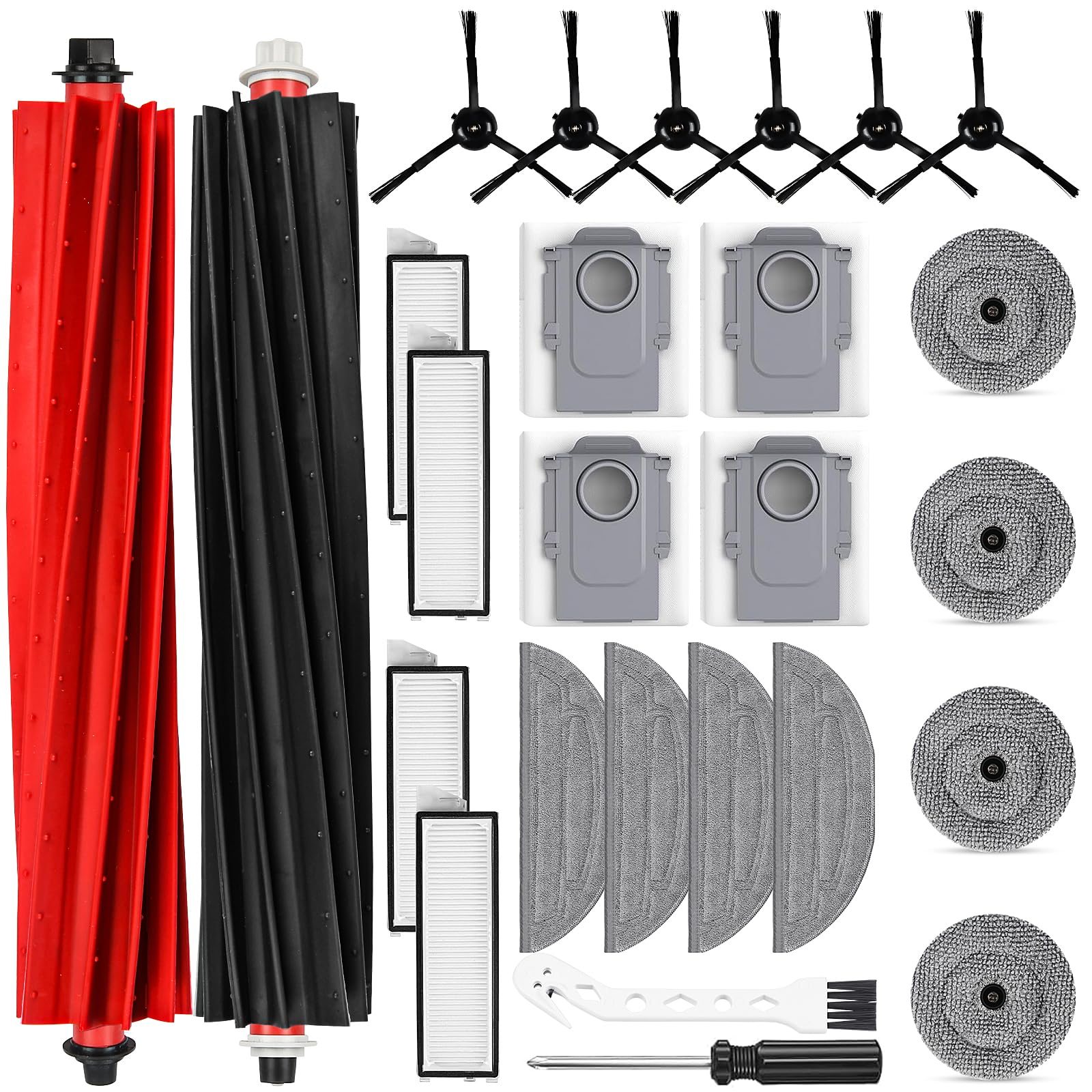 Set mit Zubehör für Roboter-Staubsauger. Enthält Bürsten, Filter, Wischtücher und einen Schraubendreher.