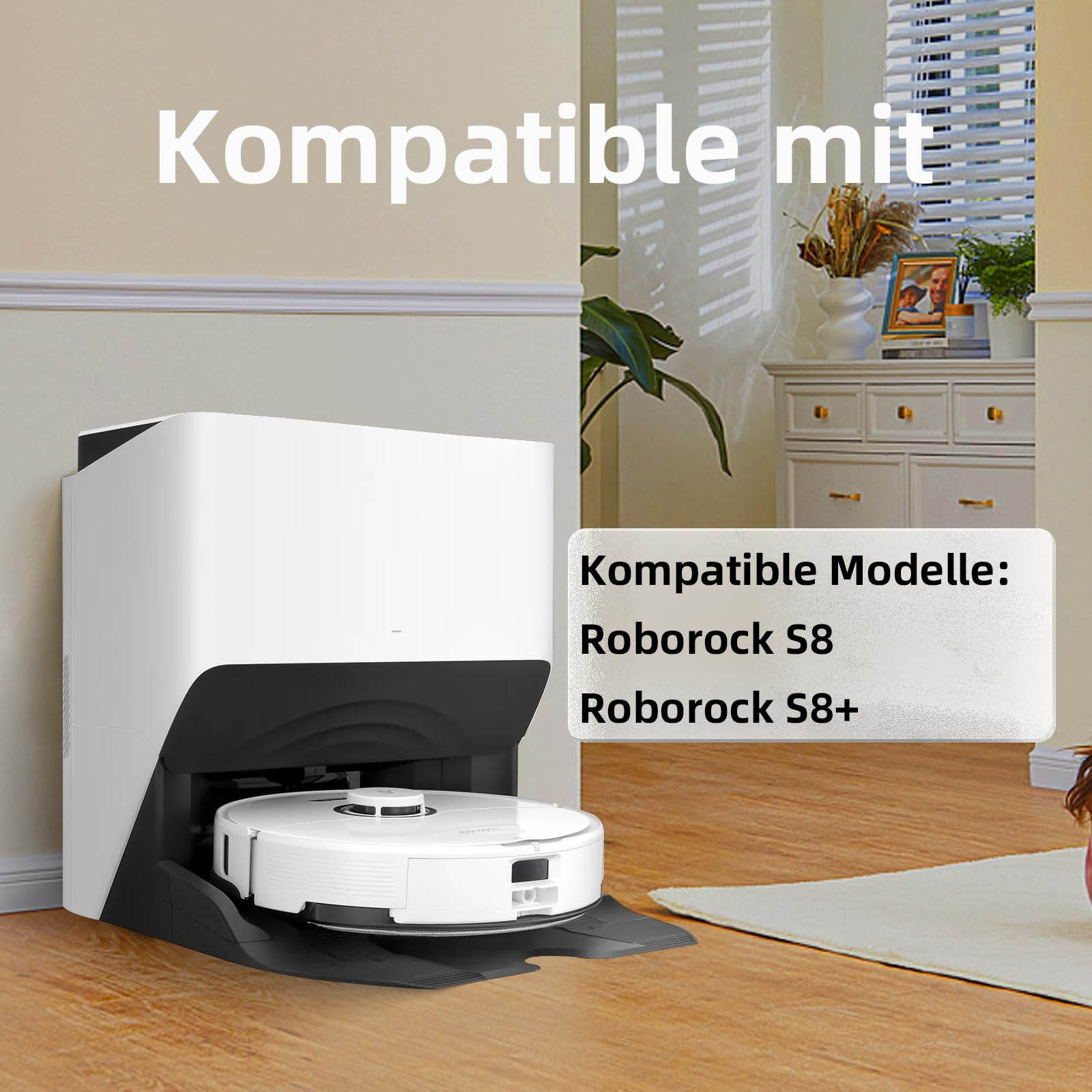 Ein Roboter-Staubsauger auf einer Matte. Text sagt, kompatible Modelle sind Roborock S8 und S8+.