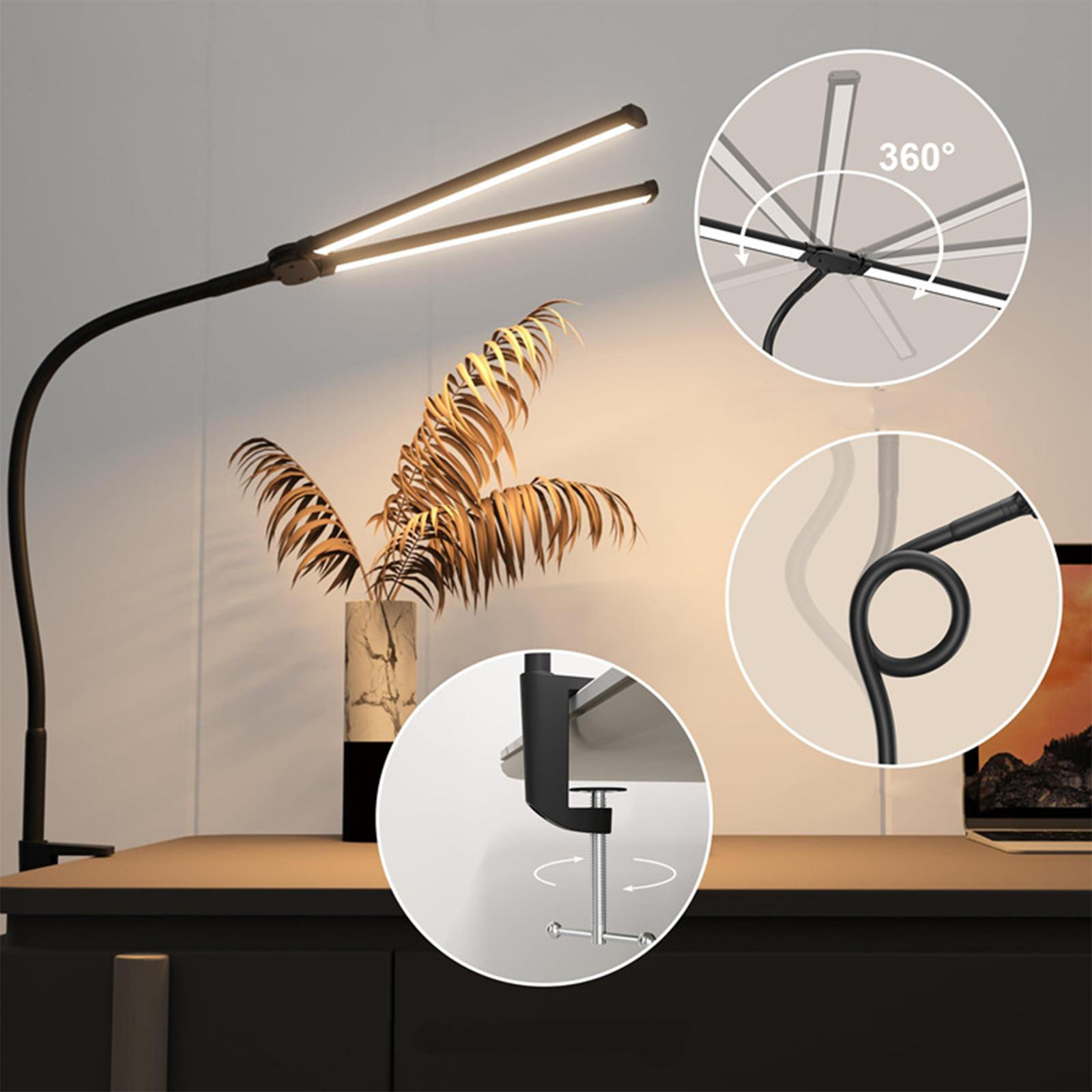 Eine schwarze Schreibtischlampe mit zwei Lichtleisten. Es gibt Kreisdiagramme, die 360° und Klemmen zeigen.