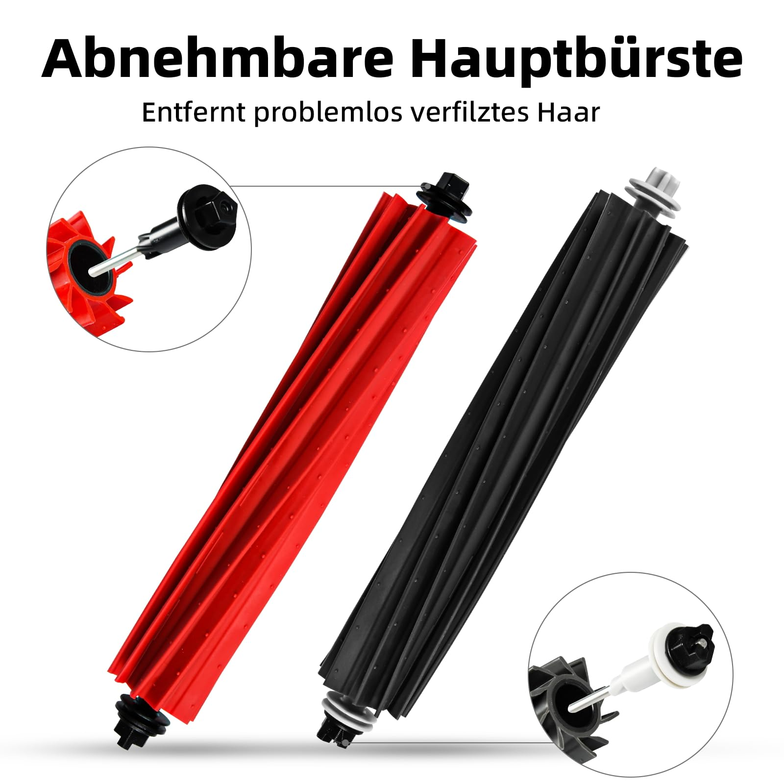 Zwei Walzenbürsten für Staubsauger. Eine ist rot, die andere schwarz. Text sagt „Abnehmbare Hauptbürste“.