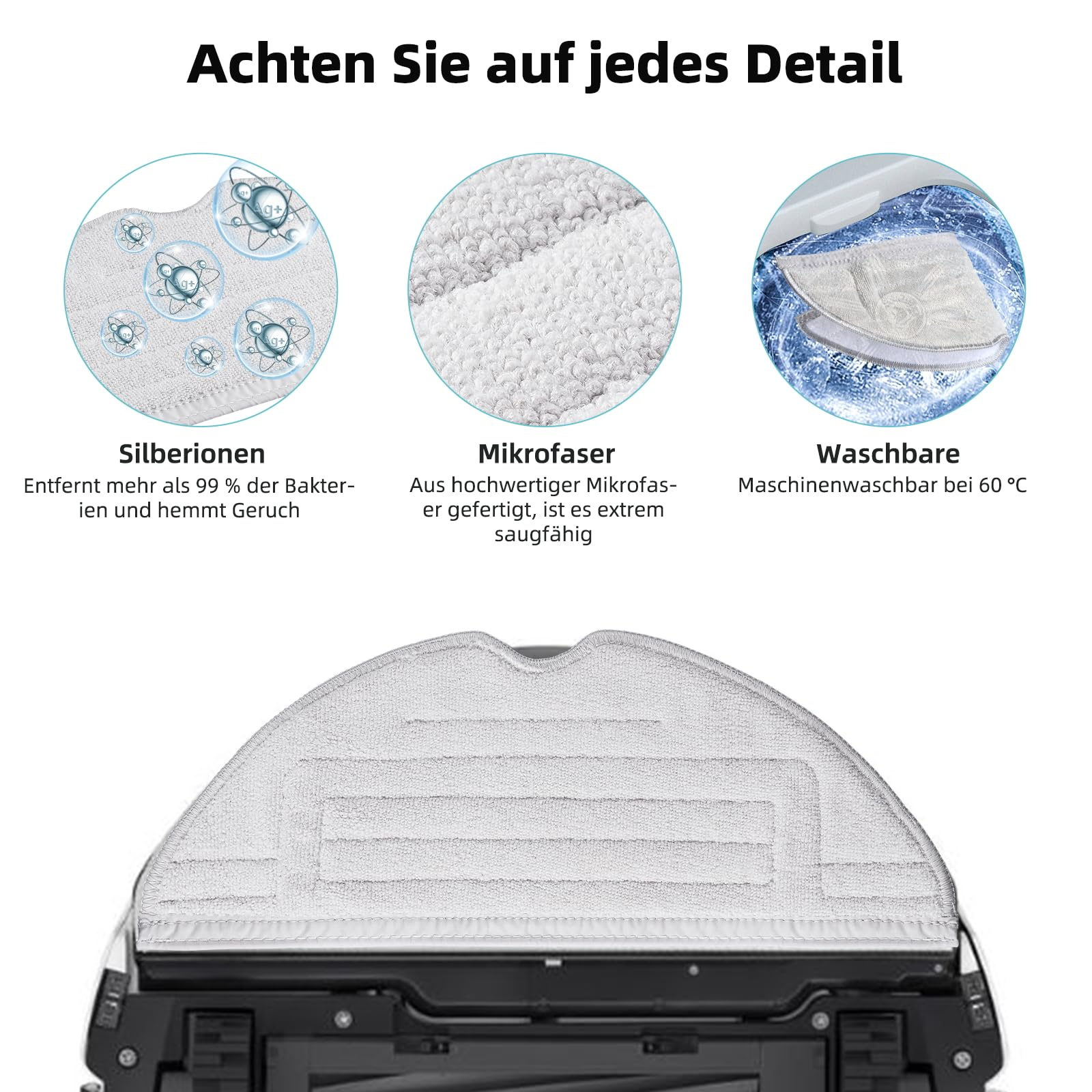 Nahaufnahme von Staubsaugerteilen. Zeigt einen Filter, Mikrofaser und waschbare Komponenten.