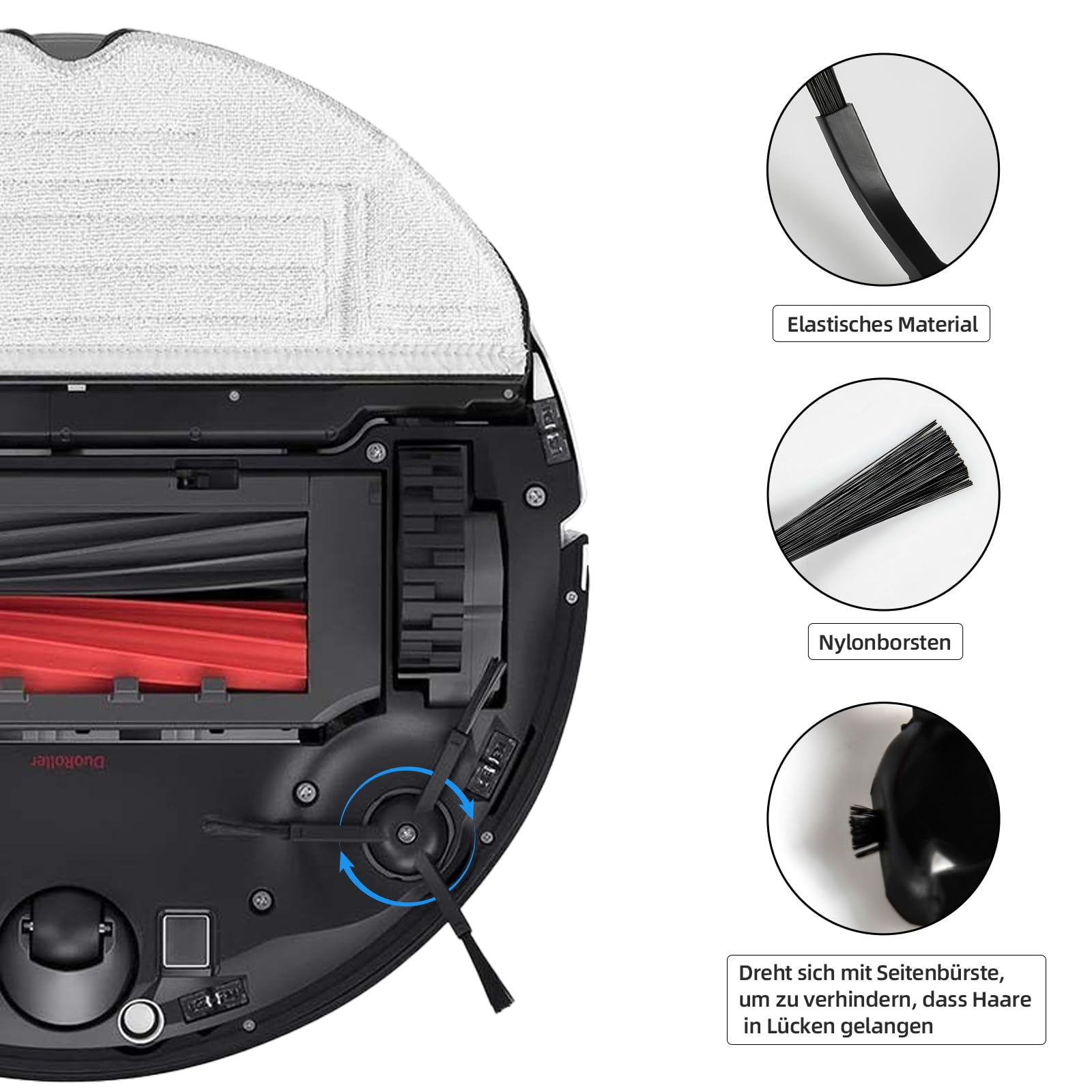 Roboter-Staubsauger mit Details zu Bürsten und Materialien.