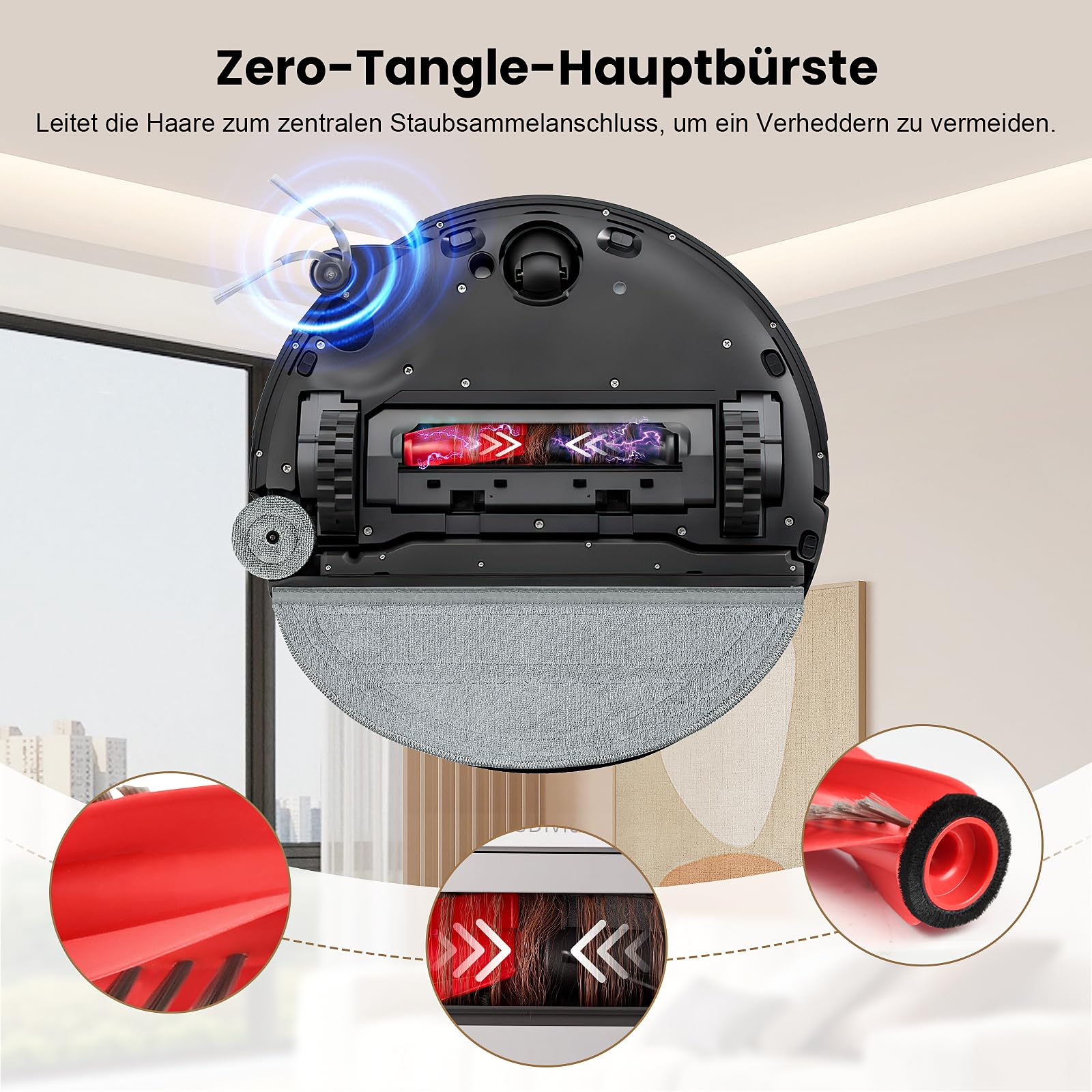 Roboter-Staubsauger-Teilediagramm mit roten und schwarzen Bürsten und Details.
