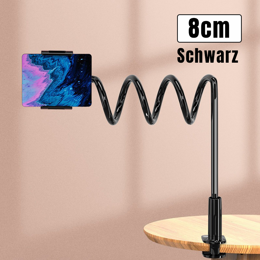 Schwarzer, flexibler Tablethalter mit Tablet, das bunte abstrakte Kunst zeigt, auf Holztisch.