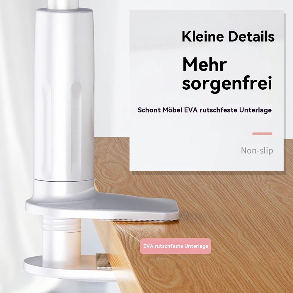 Nahaufnahme einer weißen Schreibtischklemme mit rutschfester Unterlage auf Holzoberfläche, mit Text.