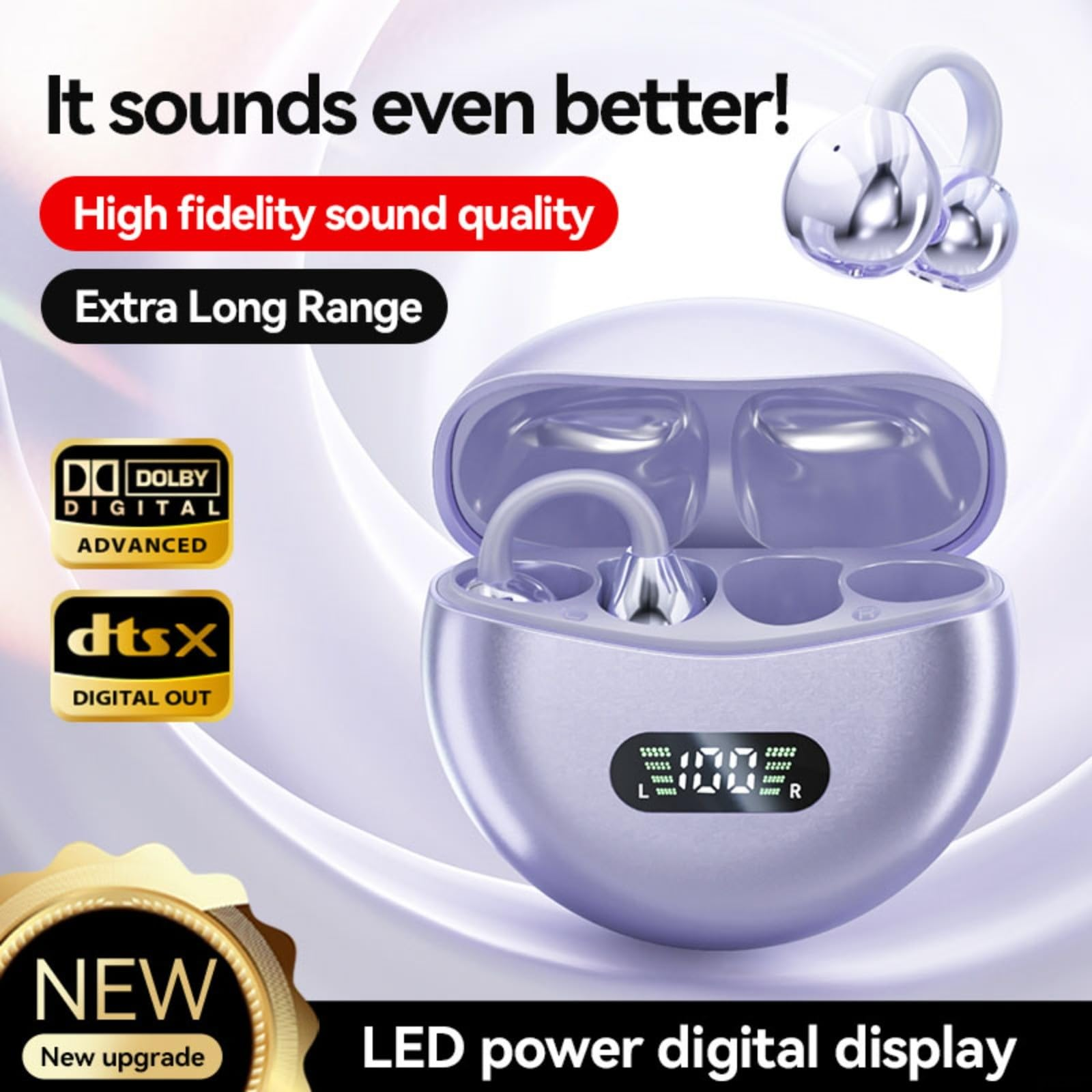Ohrhörer mit Ladecase mit Display, umgeben von Marketingtext und Logos.