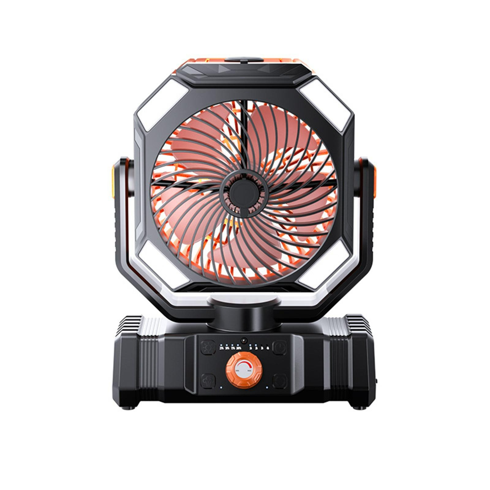 Schwarzer Ventilator mit Lichtern auf weißem Hintergrund. Der Ventilator ist achteckig.