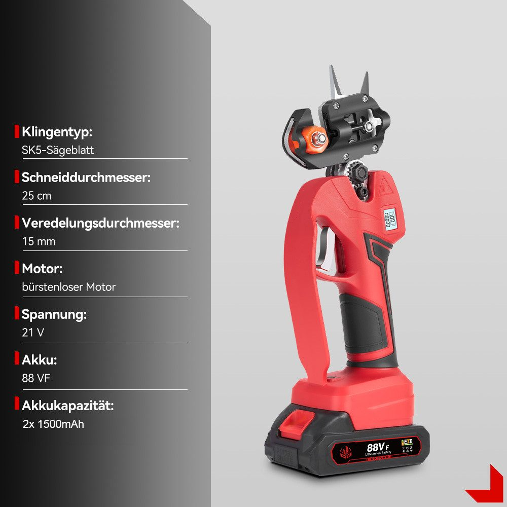 Ein rotes Veredelungswerkzeug und seine Spezifikationen werden auf weißem Hintergrund angezeigt.