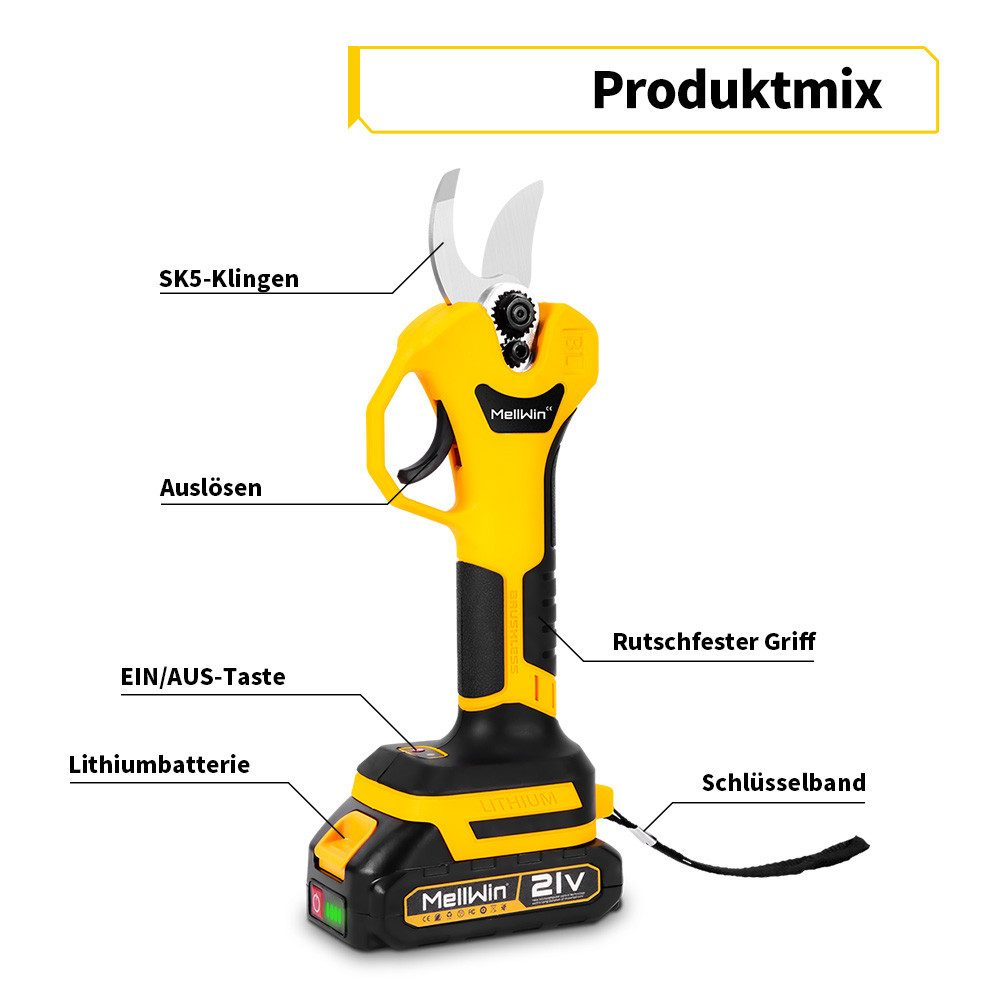 Gelbe und schwarze elektrische Baumschere. Beschriftungen weisen auf Teile des Werkzeugs hin.