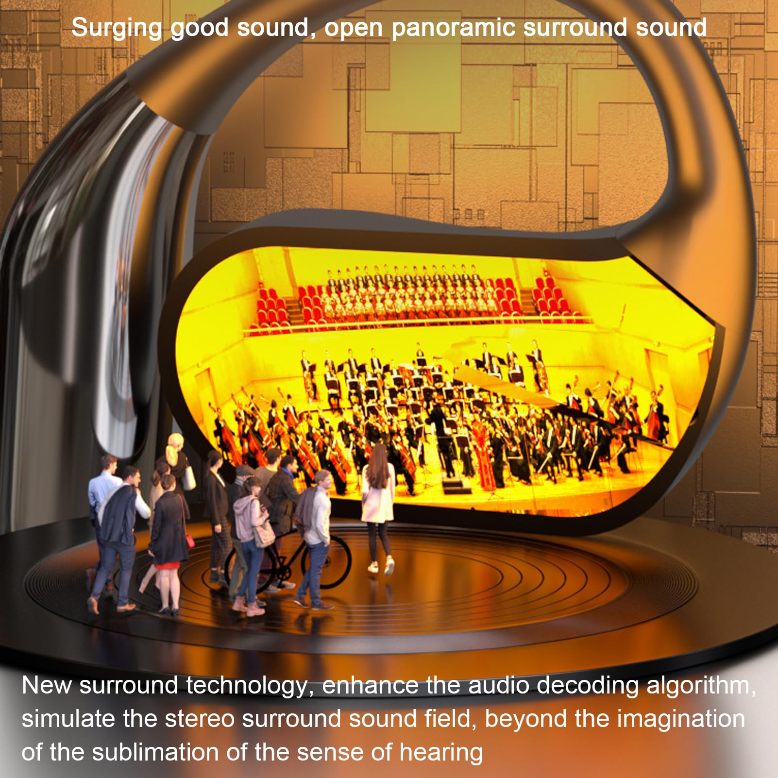 Surreales Bild eines Klanggeräts mit einem Orchester darin. Menschen stehen darum herum.