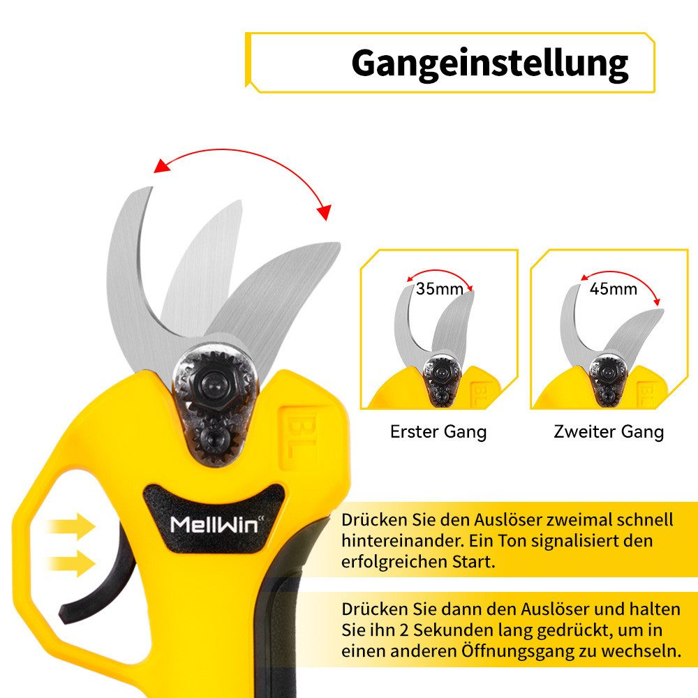 Gelbe elektrische Baumschere mit Beschriftungen. Diagramme zeigen unterschiedliche Schnittwinkel.