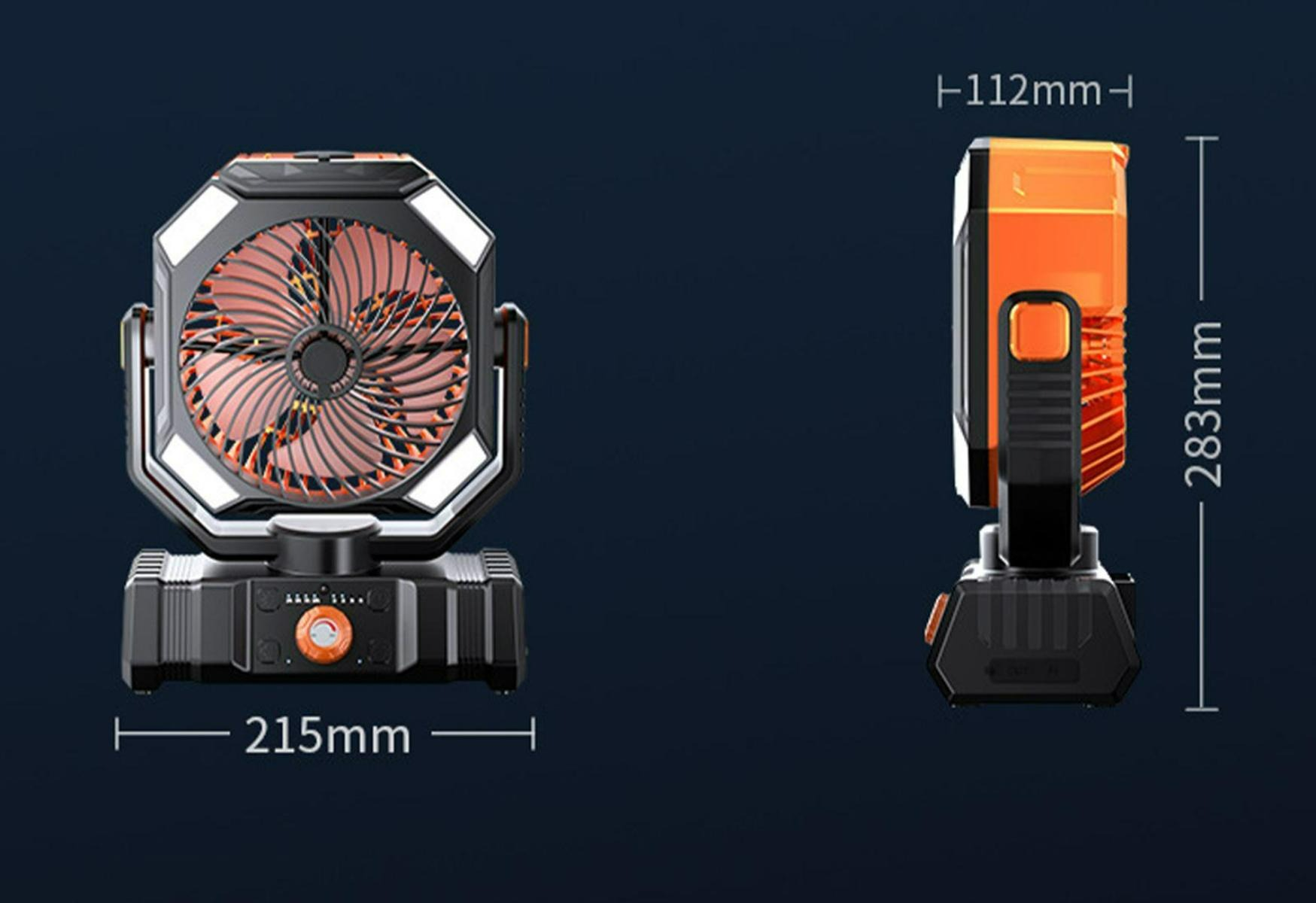 Ein orangefarbener und schwarzer Ventilator mit Abmessungen. Der Ventilator hat einen Griff und einen Sockel.