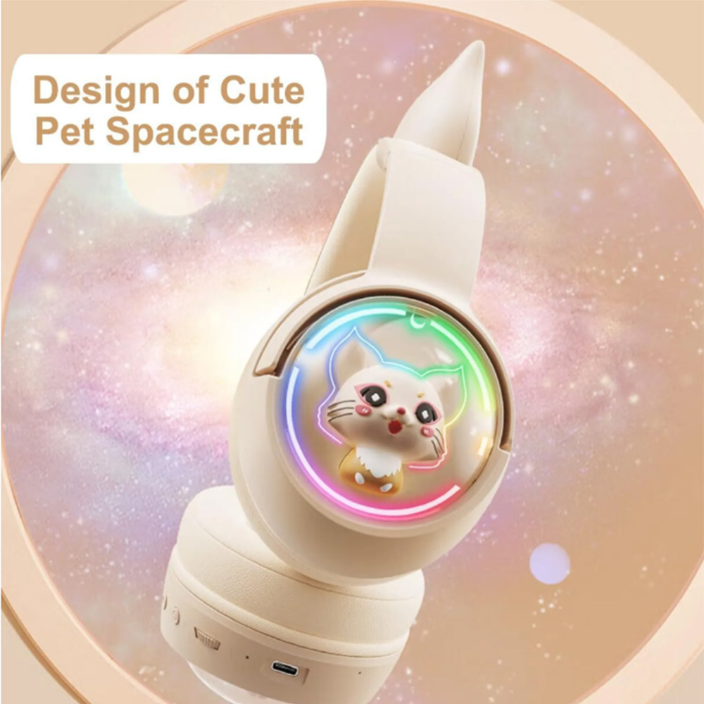 Ein weißer Kopfhörer mit Katzengesicht-Design und Regenbogenbeleuchtung wird angezeigt.