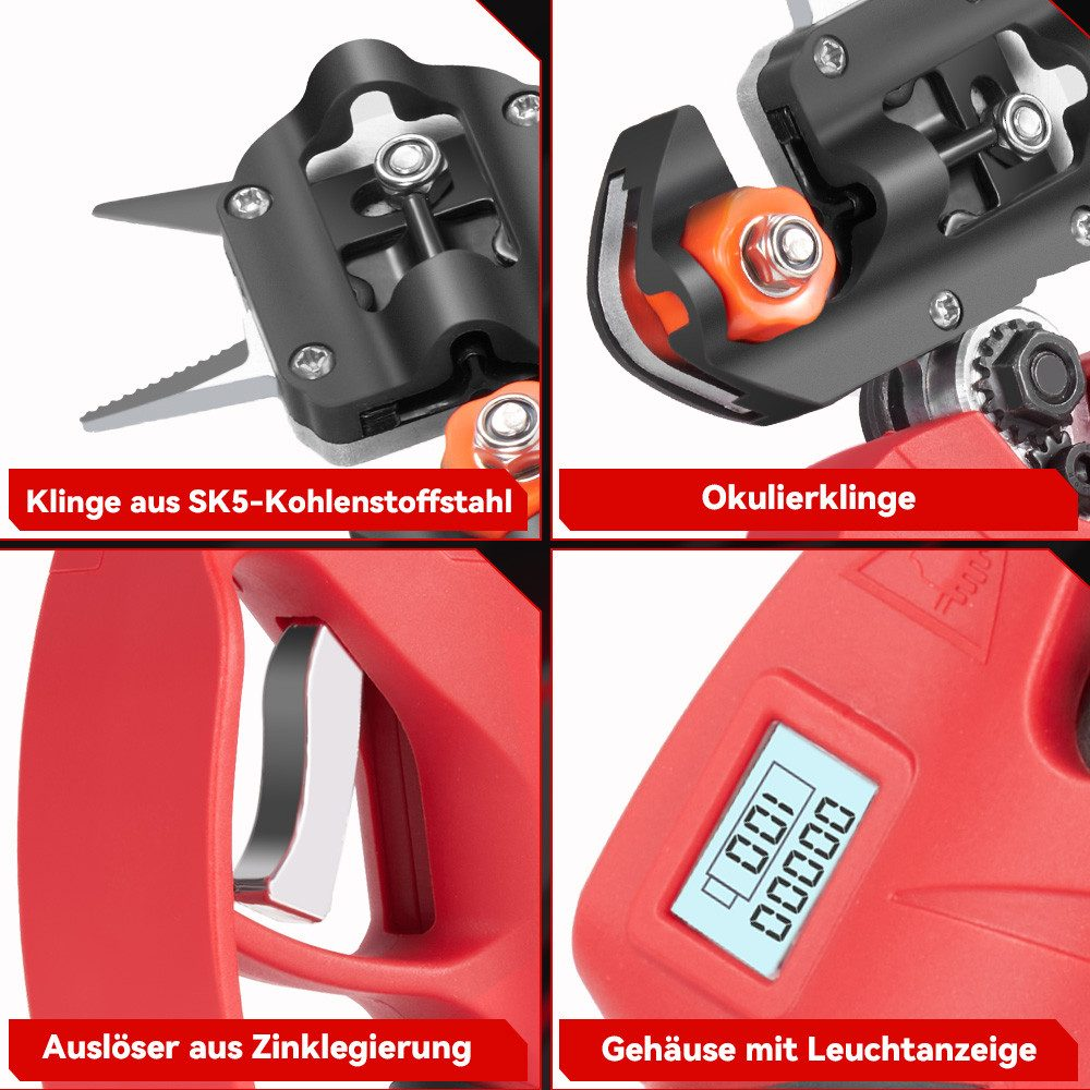 Nahaufnahmen eines rot-schwarzen Beschneidewerkzeugs mit verschiedenen beschrifteten Teilen.