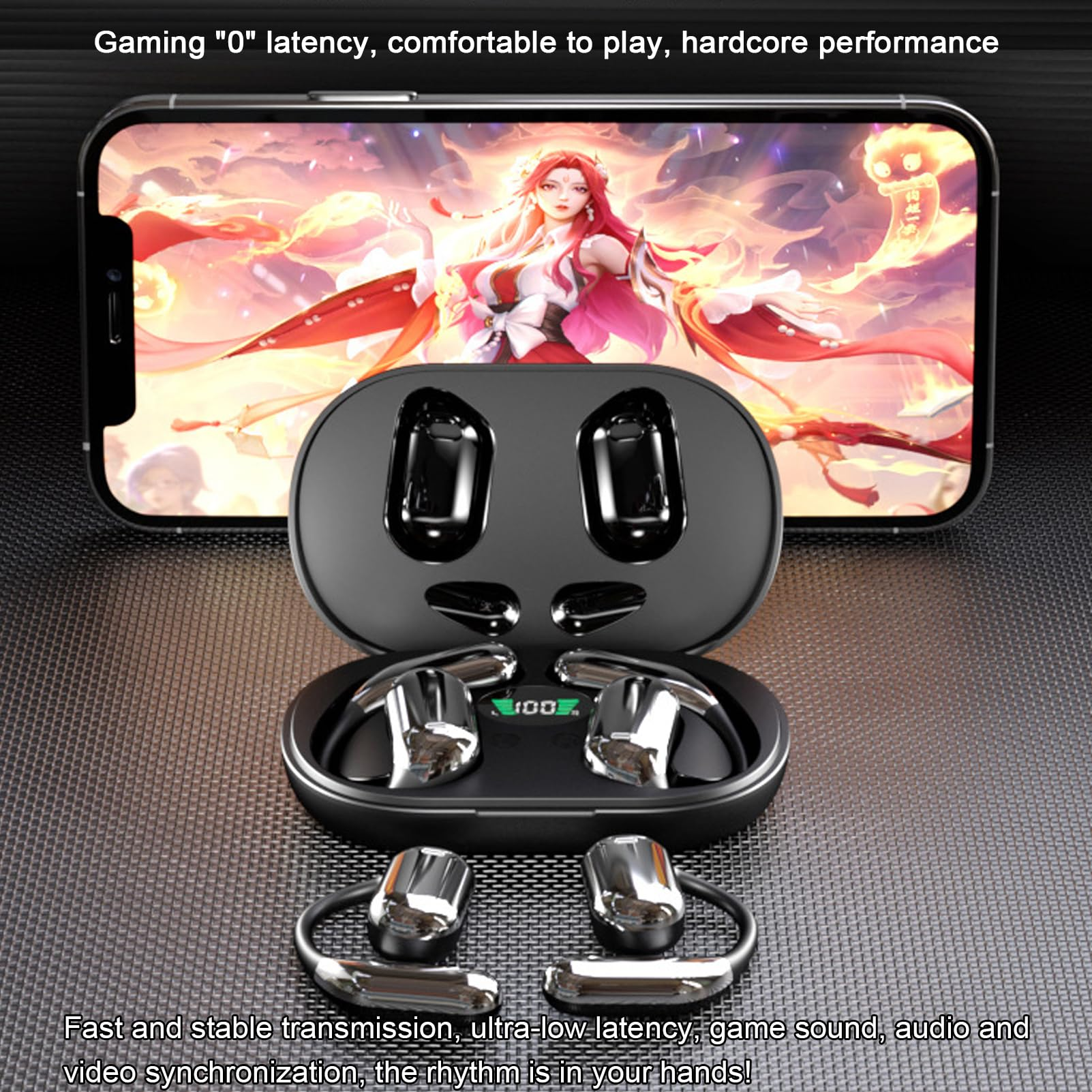 Ohrhörer in einem Ladeetui mit einem Telefon, das ein Spiel zeigt. Text sagt Gaming mit geringer Latenz.