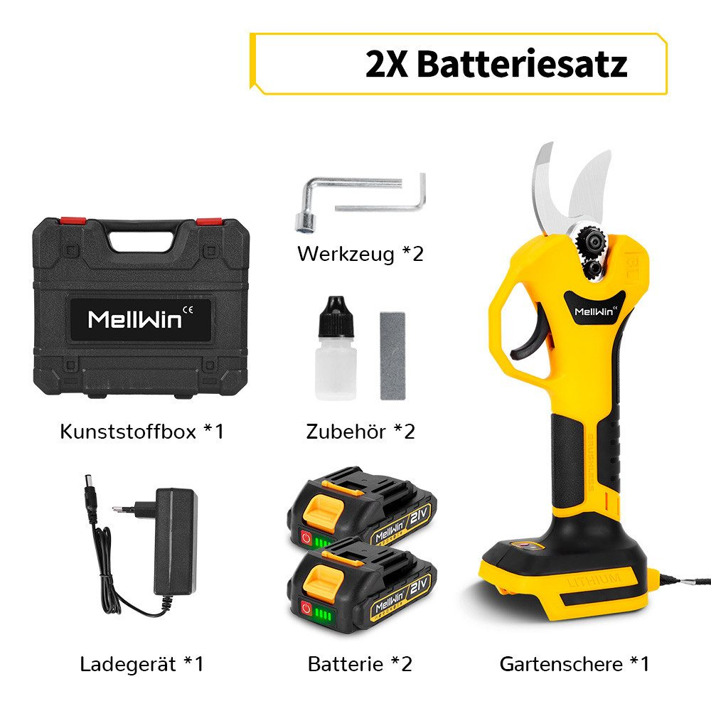 Verschiedene Werkzeuge zum Beschneiden, darunter Batterien, ein Ladegerät und eine elektrische Gartenschere.