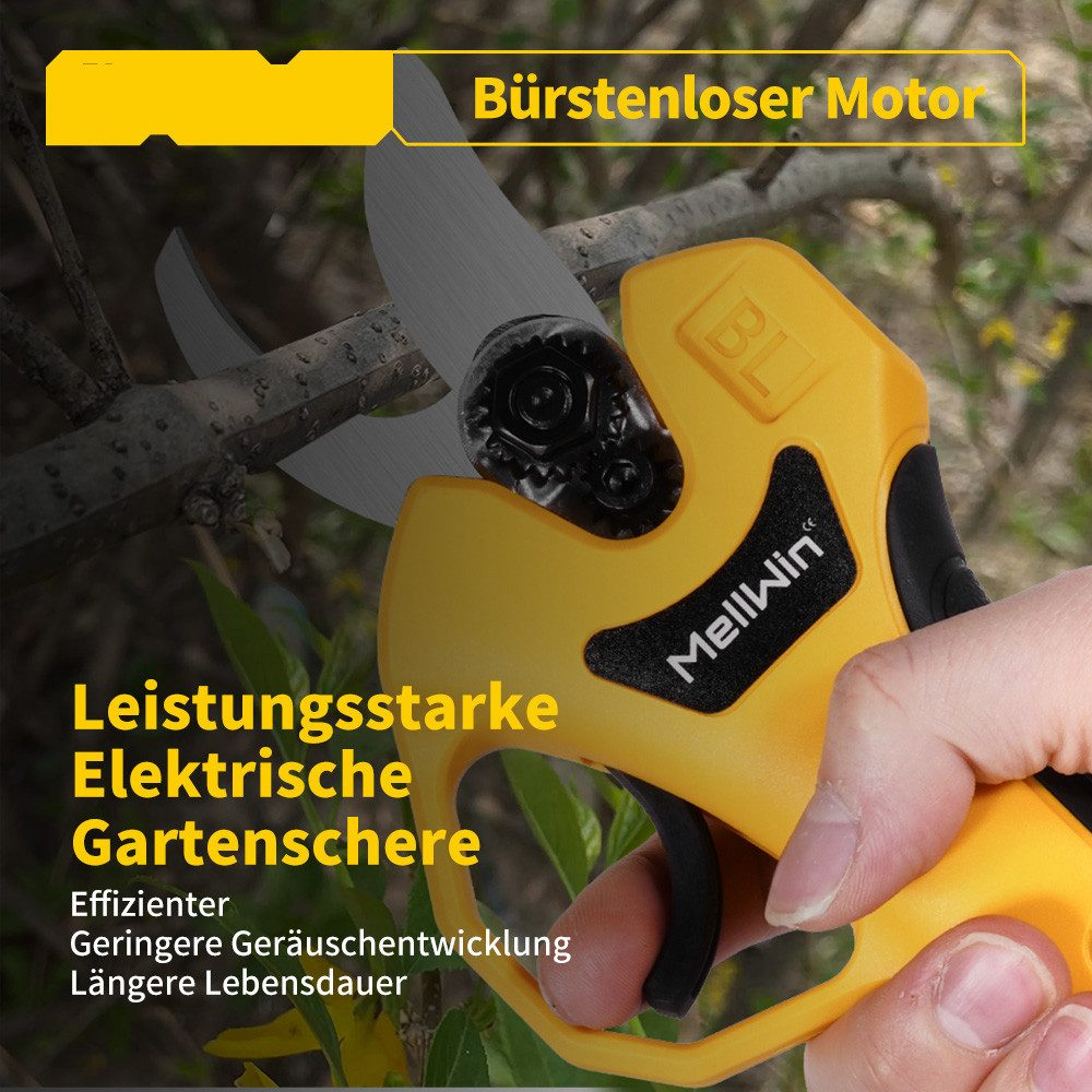Nahaufnahme einer gelb-schwarzen elektrischen Gartenschere mit Text über einen bürstenlosen Motor.