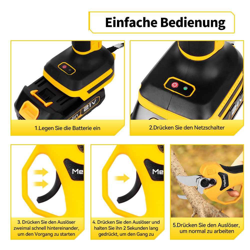 Bilder zeigen Schritte zur Verwendung eines gelb-schwarzen Elektrowerkzeugs. Batterieeinsatz, Schalter- und Auslöseaktionen sind dargestellt.