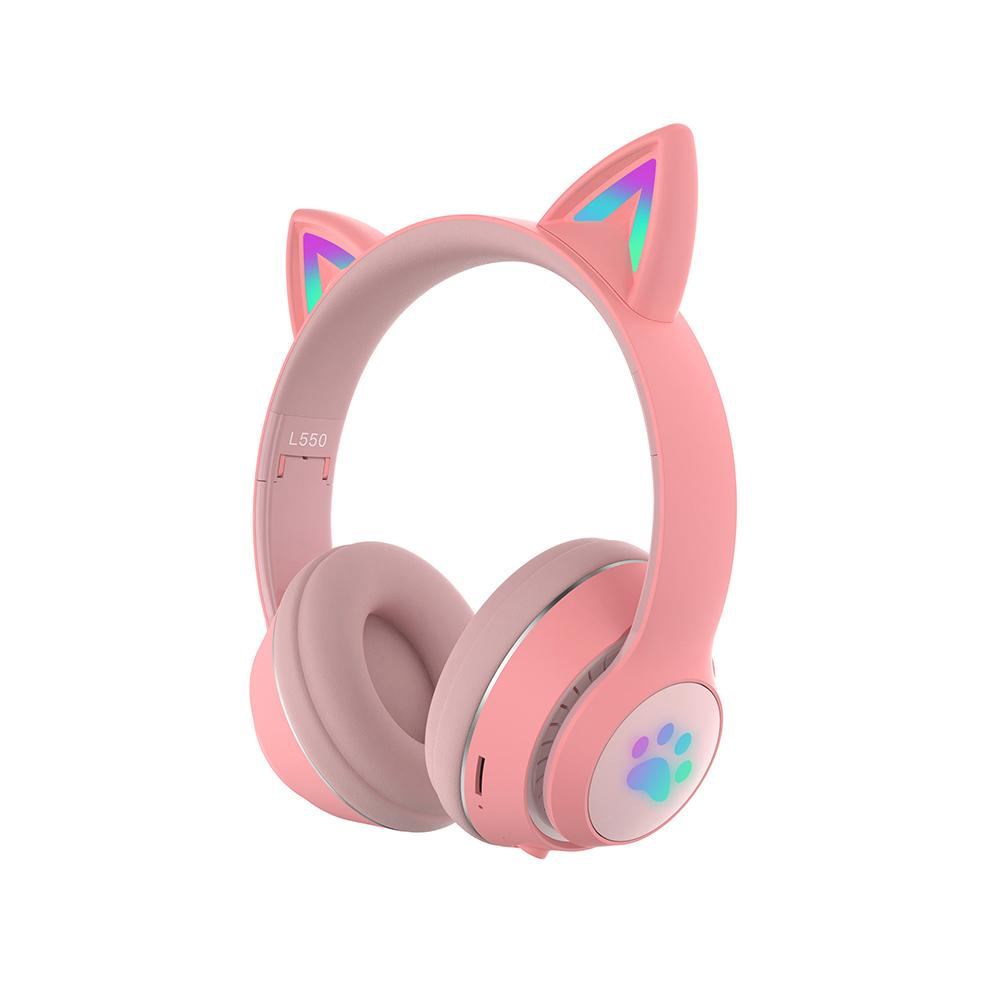 Rosa Katzenohr-Kopfhörer mit Regenbogen-Akzenten. Pfotenabdruck-Design.