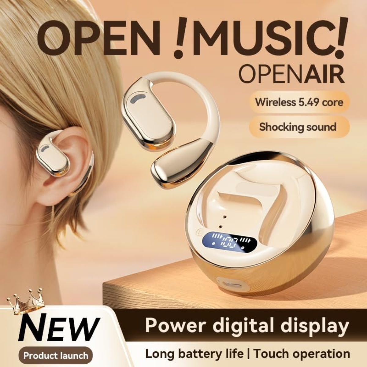Frau benutzt kabellose Ohrhörer. Text mit 'Open Music', 'Openair' und 'Power Digital Display'.