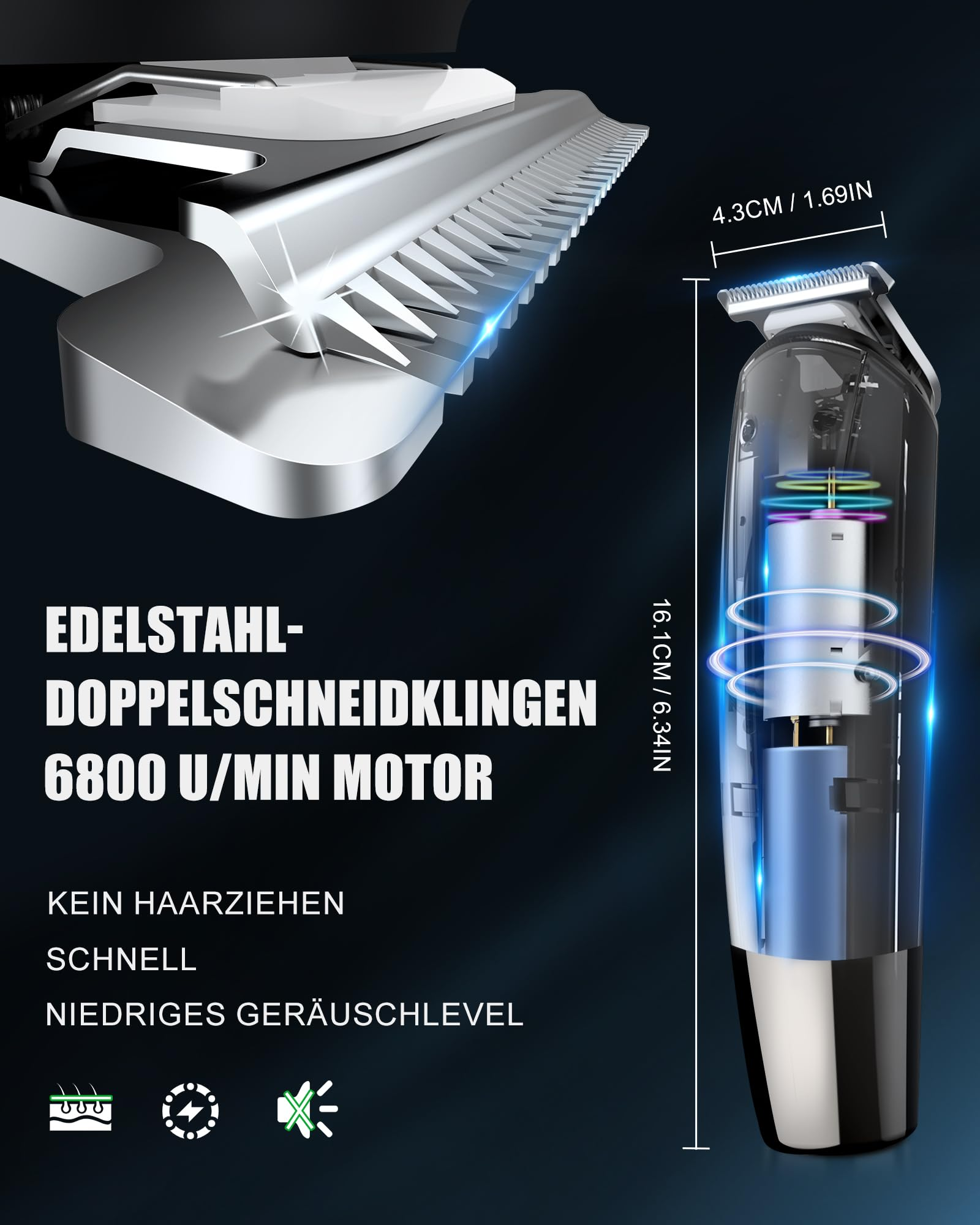 Diagramm eines Elektrorasierers mit sichtbaren Innenteilen, Abmessungen und Text zur Beschreibung der Funktionen.
