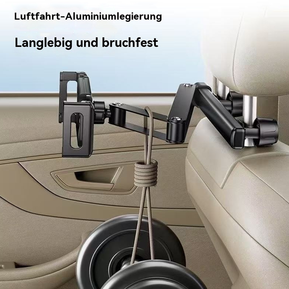 Schwarzer Handyhalter für die Kopfstütze mit schwarzem Halter, Handyhalter und Gewicht.