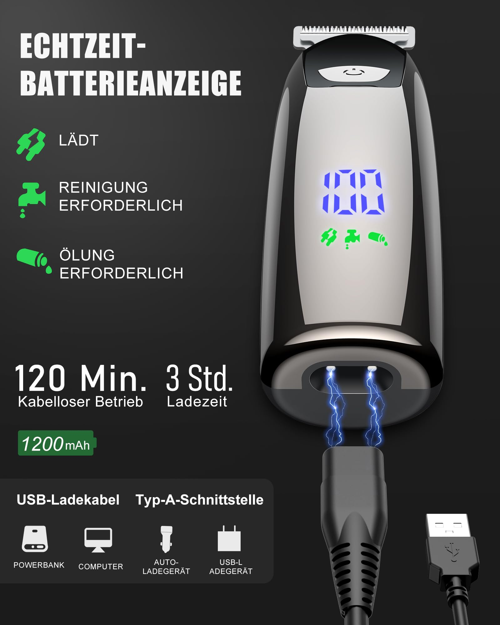 Ein schwarzer Elektrorasierer mit Bildschirm, Ladekabel und Symbolen zur Veranschaulichung der Akkulaufzeit und des Ladens.
