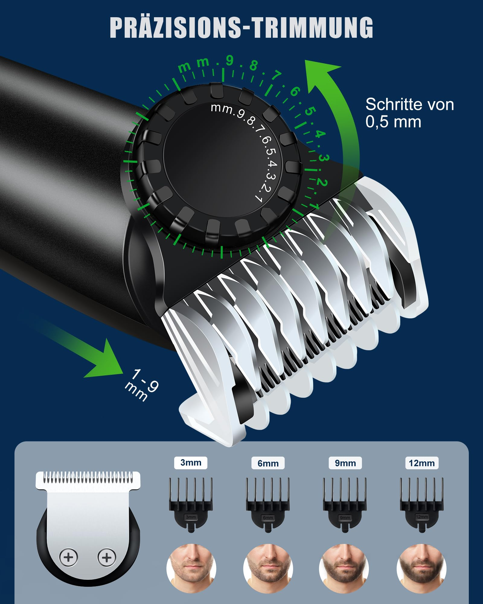 Nahaufnahme eines Trimmerkopfes mit einstellbaren Einstellungen für die Bartlänge, mit Beispielen für Bartstile.