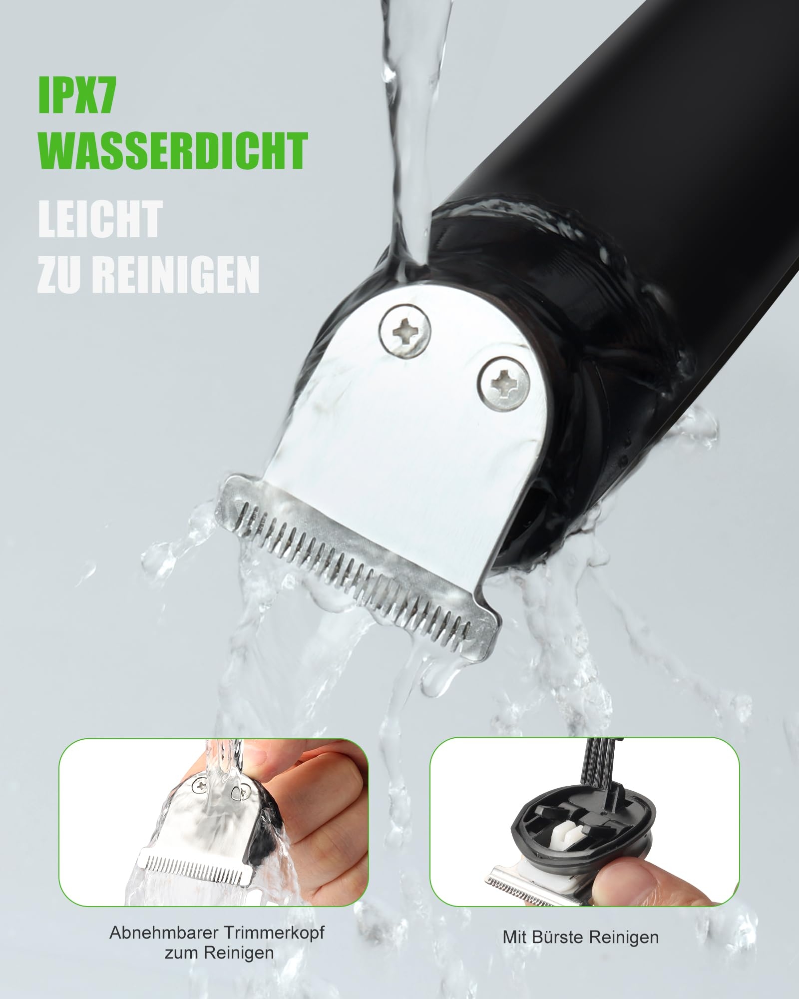 Ein Elektrorasierer wird mit Wasser gespült, wobei seine wasserdichte Funktion und der abnehmbare Kopf hervorgehoben werden.