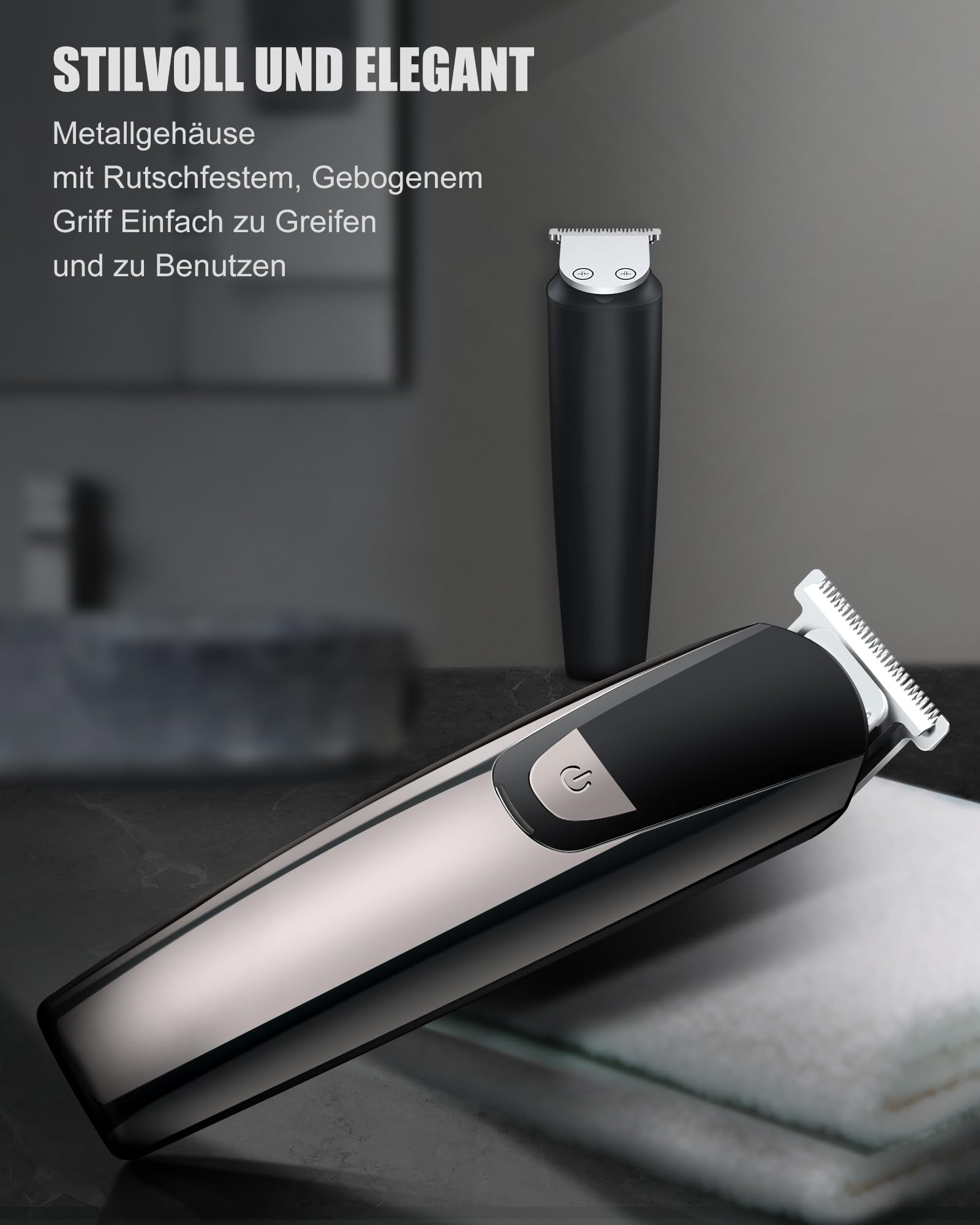 Ein Elektrorasierer mit schwarzem Gehäuse und silbernem Kopf liegt auf einem weißen Handtuch.