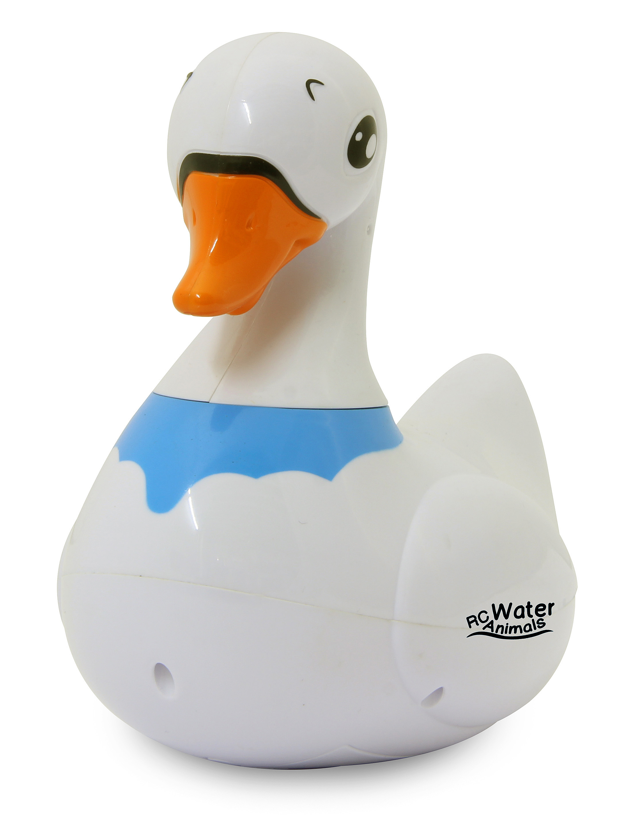 Weißes Plastik-Entenspielzeug mit orangefarbenem Schnabel und blauem Kragen. Der Text "RC Water Animals" ist sichtbar.