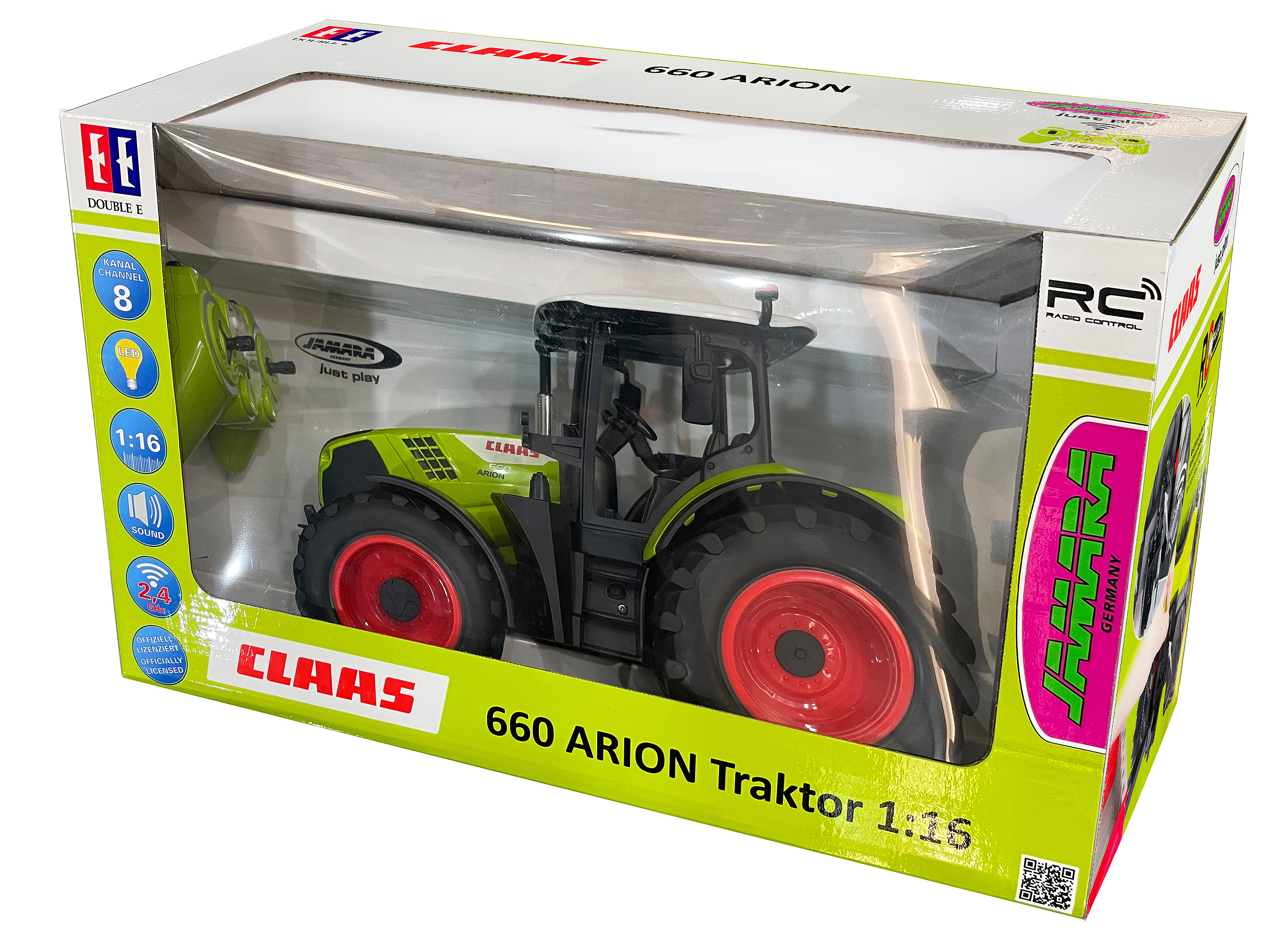 Ein CLAAS Traktorspielzeug in seiner Box, zeigt den Traktor und die Fernbedienung, auf weißem Hintergrund.